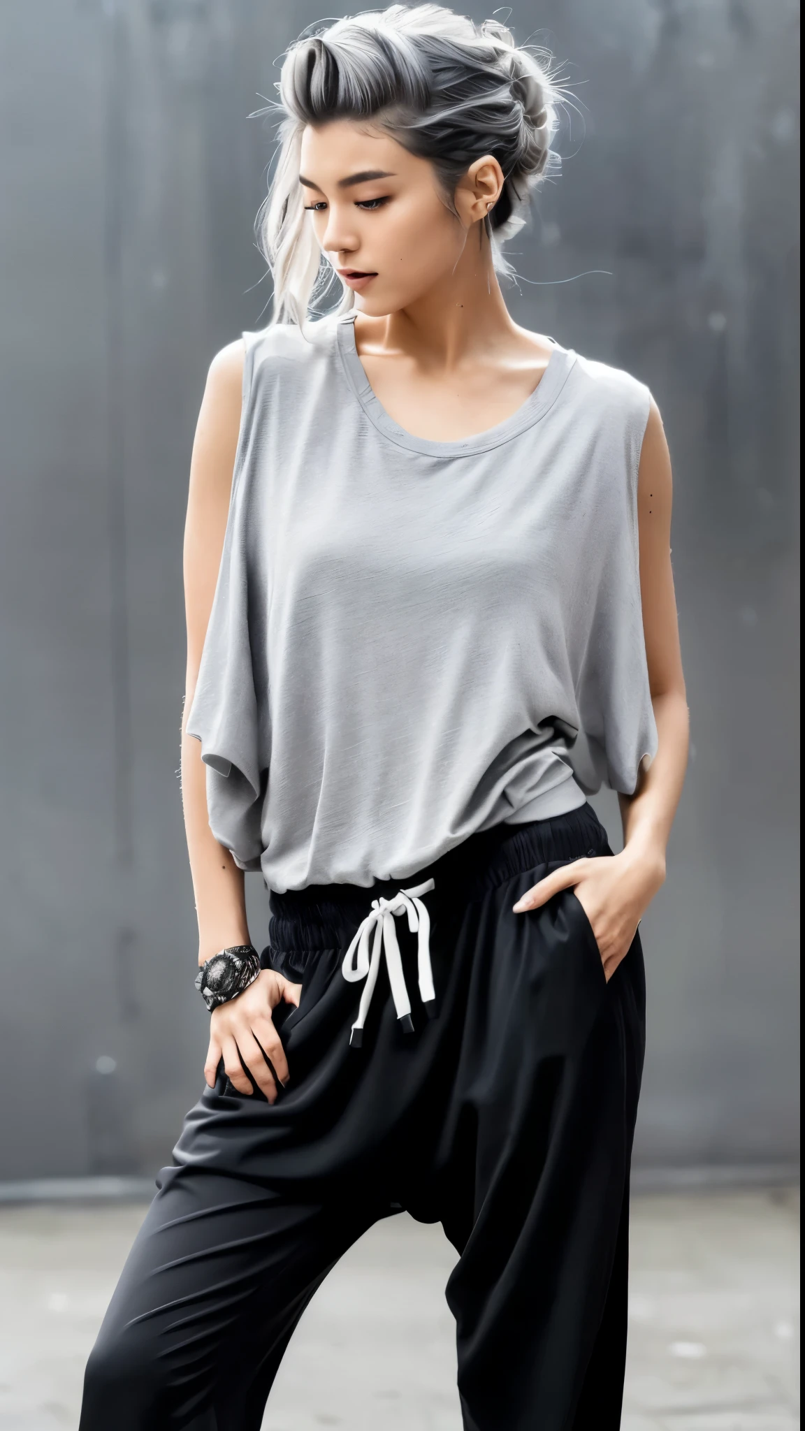 Realistic, (ultra detailed, beautiful, best quality:1.2), (beautiful Japanese fashion model:1.4), (medium hair, arranged hairstyle, gray hair:1.4), shiny hair, BREAK (all body shot:1.2), (standing, fashion model pose:1.2), (gray simple blurry background:1.4), (mist, fog:1.4), (black theme:1.2), (black 7/8 length Soft material No button shirt:1.2), (black baggy track pants, baggy harem pants, baggy sarouel pants:1.4), (combat boots:1.2), (lots of accessories),