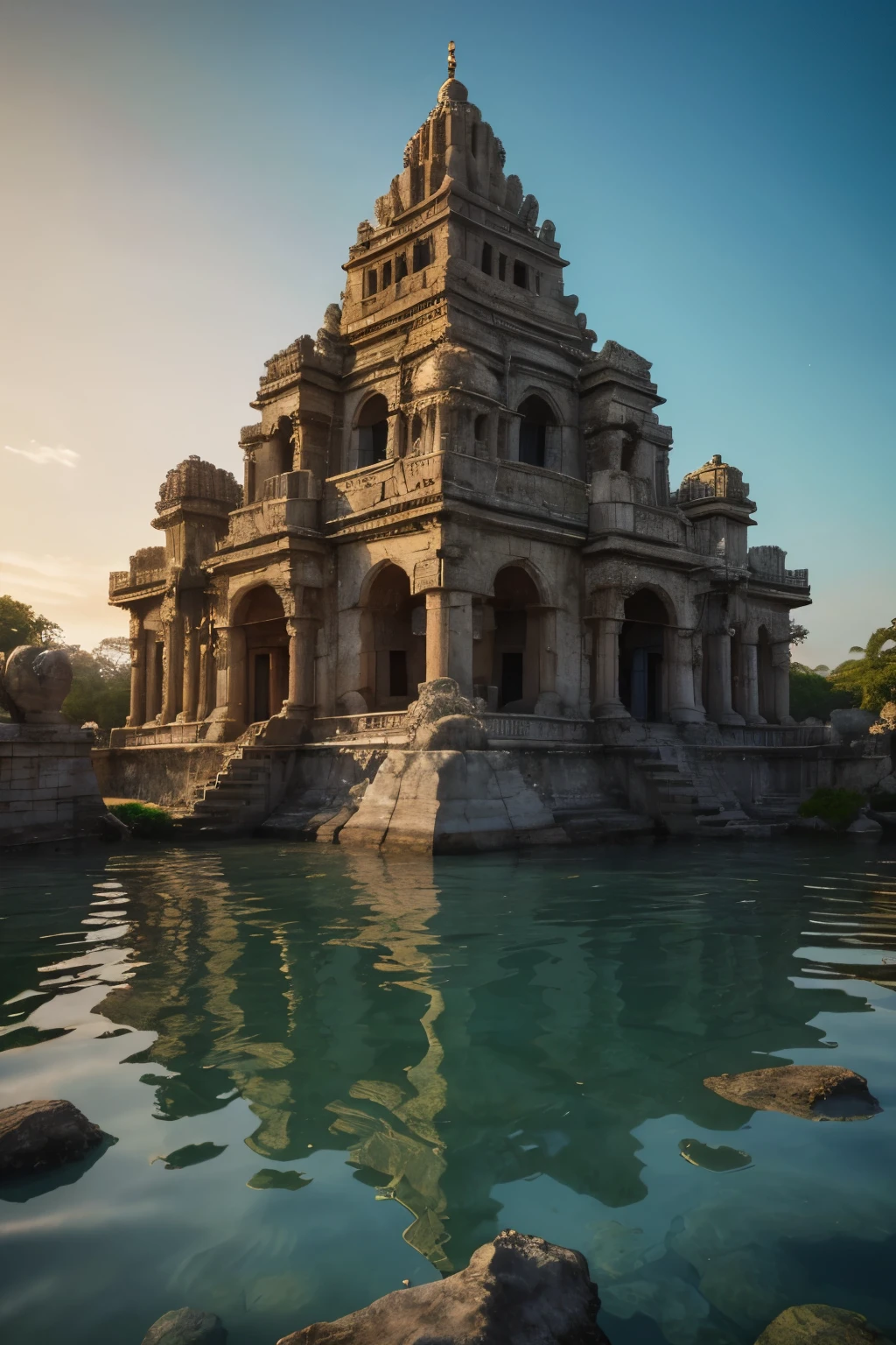 (Best quality, Ultra HD, Single focus light: 1.1), Ancient Indian temple submerged in the deep sea, ultra-realistic visuals, intricate details of the temple ruins, schools of colorful fish swimming around, innovative use of light to highlight temple structures, perfectly captured details of seaweed, rocks, and other marine props, stunning underwater scenery, Dwaraka mythology-inspired architecture, (High dynamic range: 1.2), breathtaking uninterrupted view, vibrant and lifelike colors, high contrast, crisp textures. (Masterpiece: 1.3), Detailed reflections of temple carvings on the water