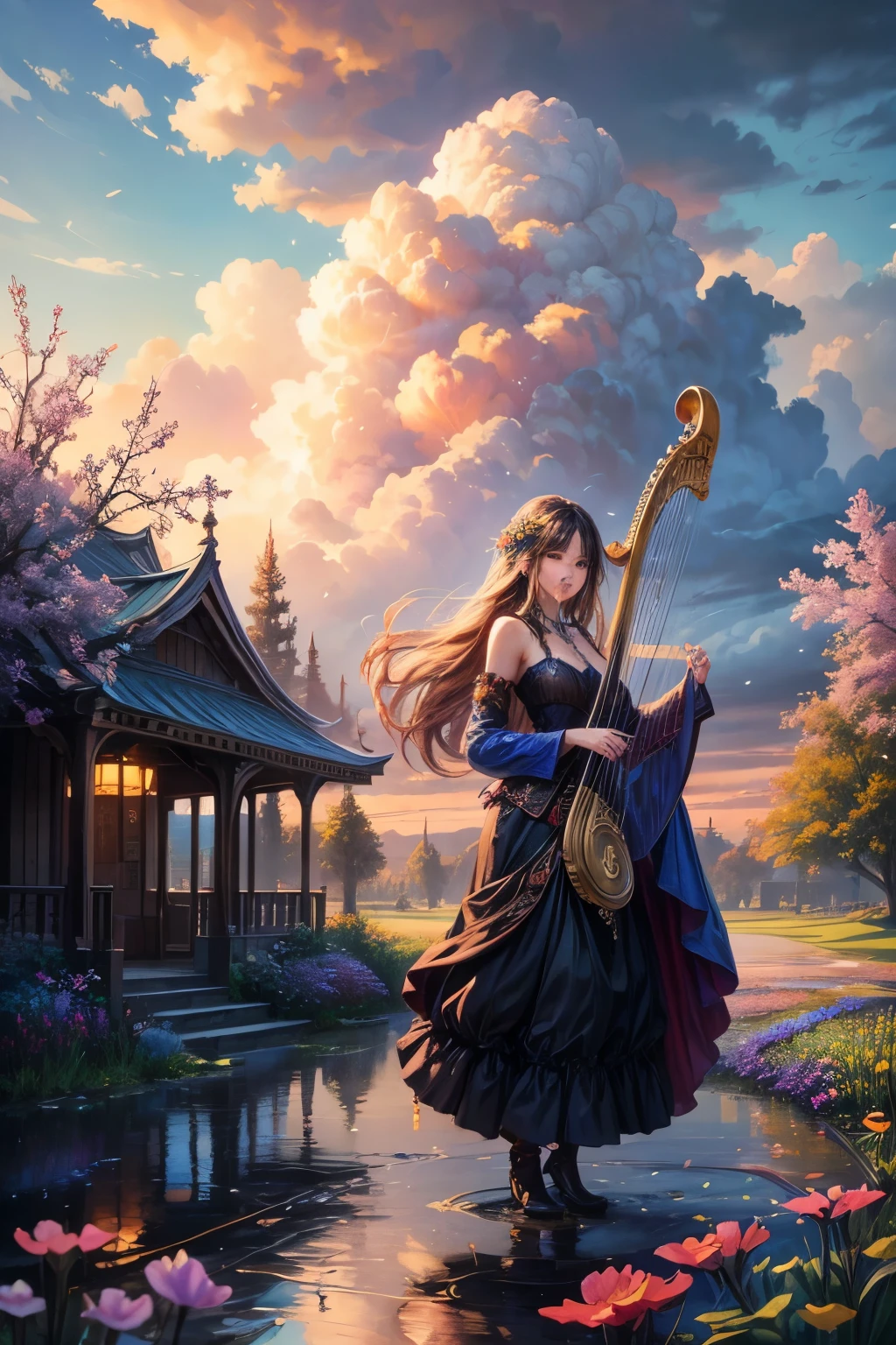 "Oil painting, ((mysterious girl)), harp notes in the air, pavilion surrounded by wildflowers, ((dramatic cloud formation)), rich palette, fantasy realm, magical aura"