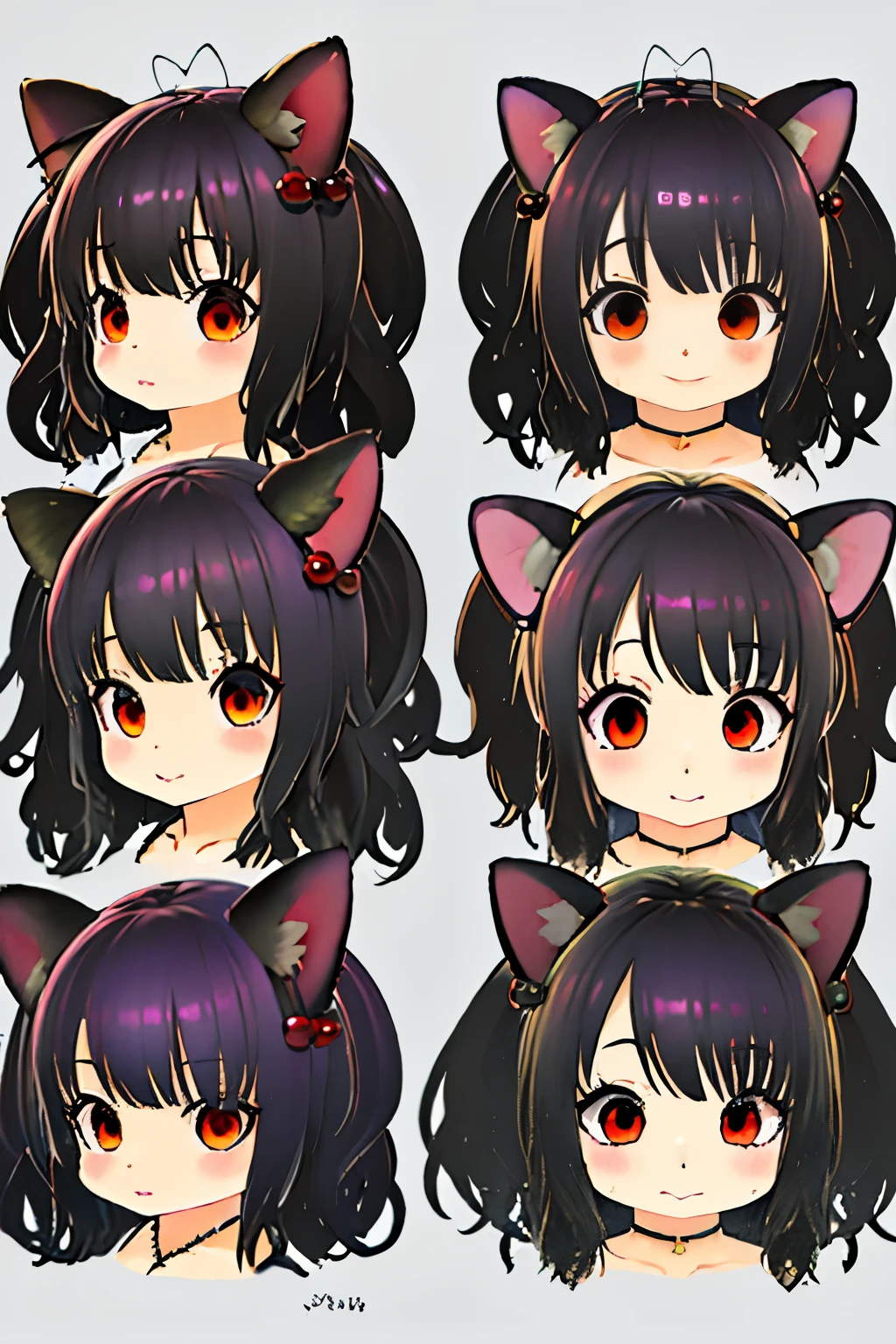 Charming Halloween 12 Year Old Witch Autumn Icon Pack, Random facial expressions, Random coloring, Cartoon style, 2D, planar vector, Character Design, T-shirt design, Colorful splashes, Vector art, Fantasy Art, Watercolor effect,Digital Painting, white bg, 8K, black pigtails with cat ears , red eyes ,