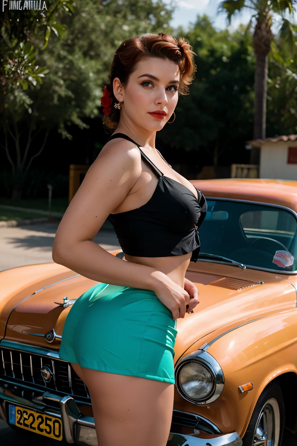 uma fotografia hiper-realista de uma bela modelo pin-up rockabilly encostada em um carro hot rod no estacionamento de uma lanchonete estilo anos 50, with an interesting camera angle and perspective, volumetric lighting, profundidade de campo, professional photo session, cinematic lighting. detalhes intrincados, texturas realistas, dynamic pose