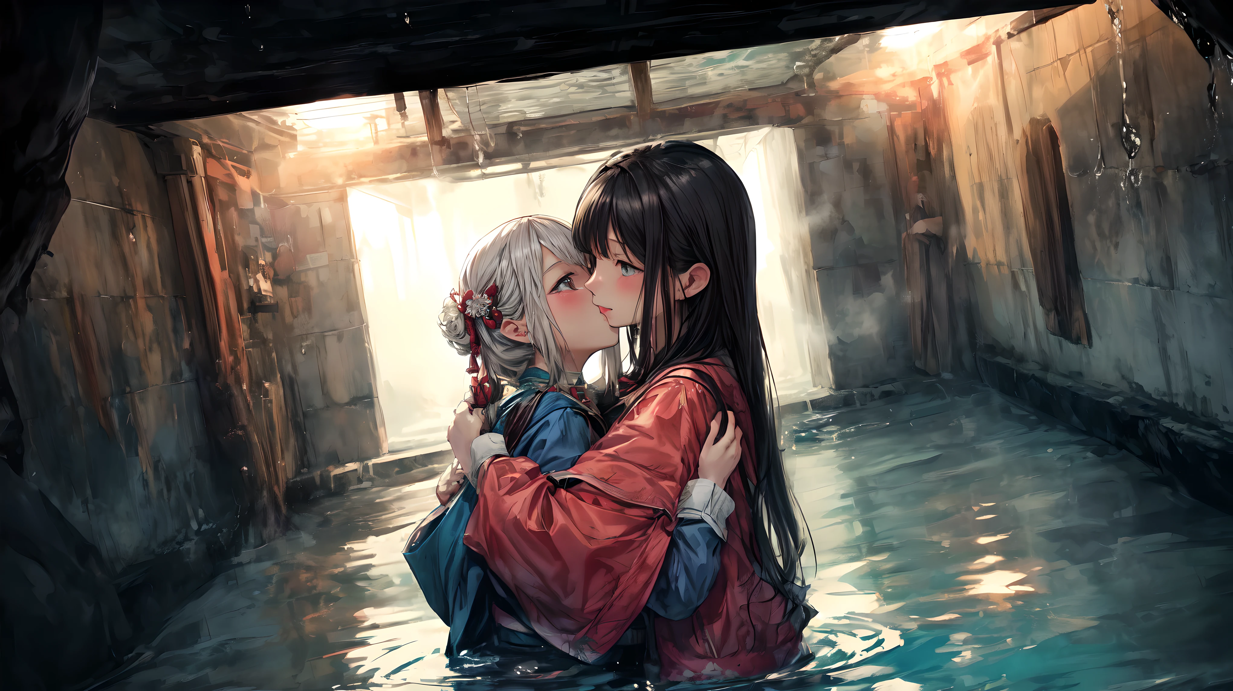 hyper quality, high resolution, intricate details, panorama, dutch angle, (2 girls) wearing (flower kimono), cotton texture kimono, (red and teal kimono:1.15), (very large kimono, large kimono sleeve, best cotton texture, best Wrinkles on kimono), (yuri, lesbian), (kiss, deep kiss, hug, sex:1.25), full body, Beautiful eyes, (Partial submerse:1.1),Partial kimono in water, (Water sprayed, water column:1.1) (wet, very wet kimono, wet body, wet long black hair, wet kimono sleeve, wet kimono drees, wet skin:1.1), (Transparent mucus wrapping, water drop), submerse in water, Poignant and beautiful, Smile in despair, smile in sadness, closed mouth, (beautiful and detailed water:1.1), (dark dungeon, dark and damp water dungeon, enclosed space:1.15), (Cement walls), dark light, light source, (atmosphere of despair:1.15), (Water mist), inspired by the flower house Yiding's manga painting, Pixiv competition winner, ukiyo-e, ukiyo-e art style, ukiyo-e style, Japanese art style, Japanese illustrator,