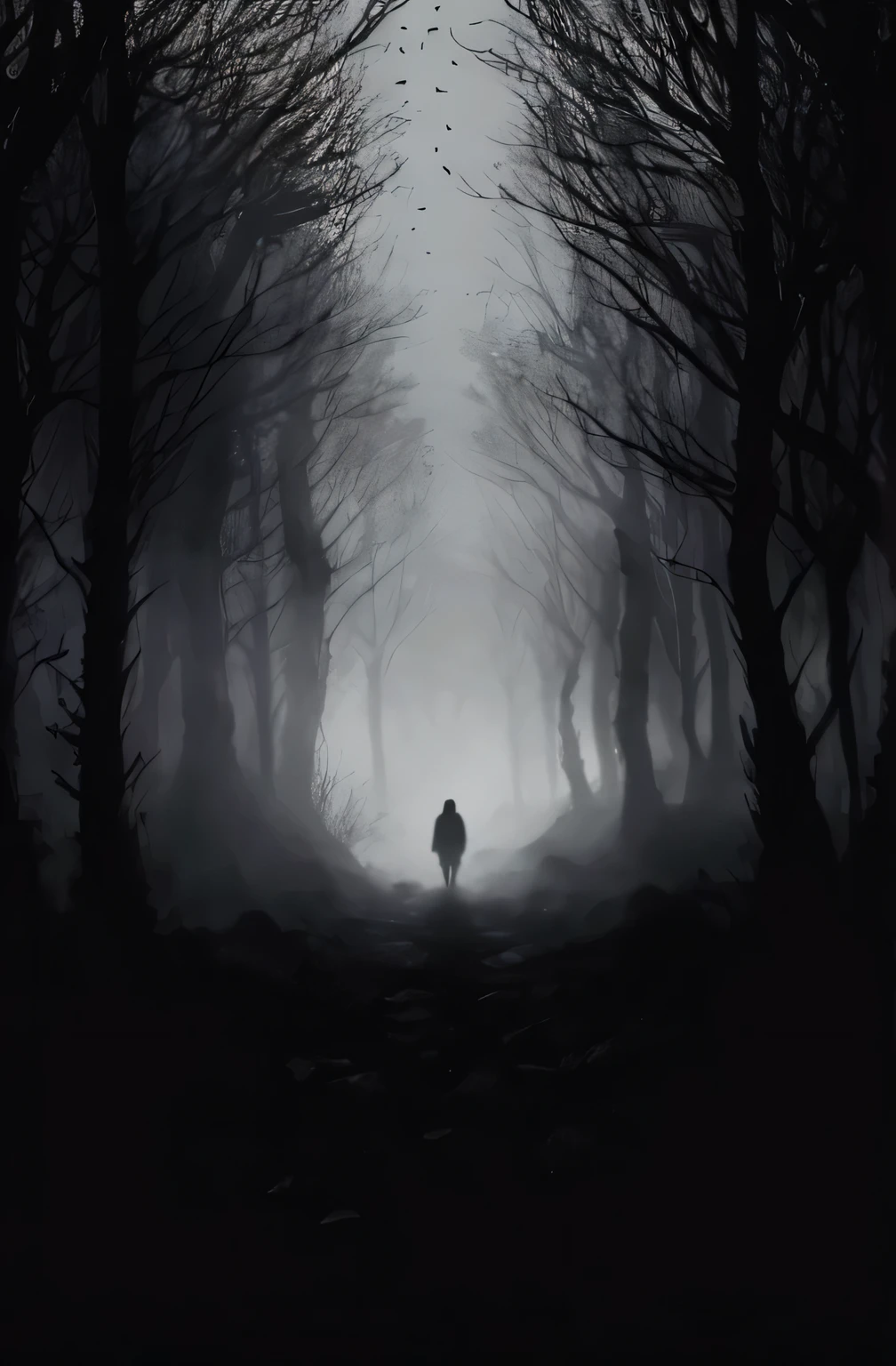Man walking through dark forest with birds flying overhead, stood In the Spooky Forest, standing in the dark forest, Walking into a deep, dark flower field, dark atmosphere illustration, Dark concept art, In the Spooky Forest, dark and eerie photos, in the middle of a dark forest, 'A lonely dark figure'!!, Dark forest concept art, Dark painting