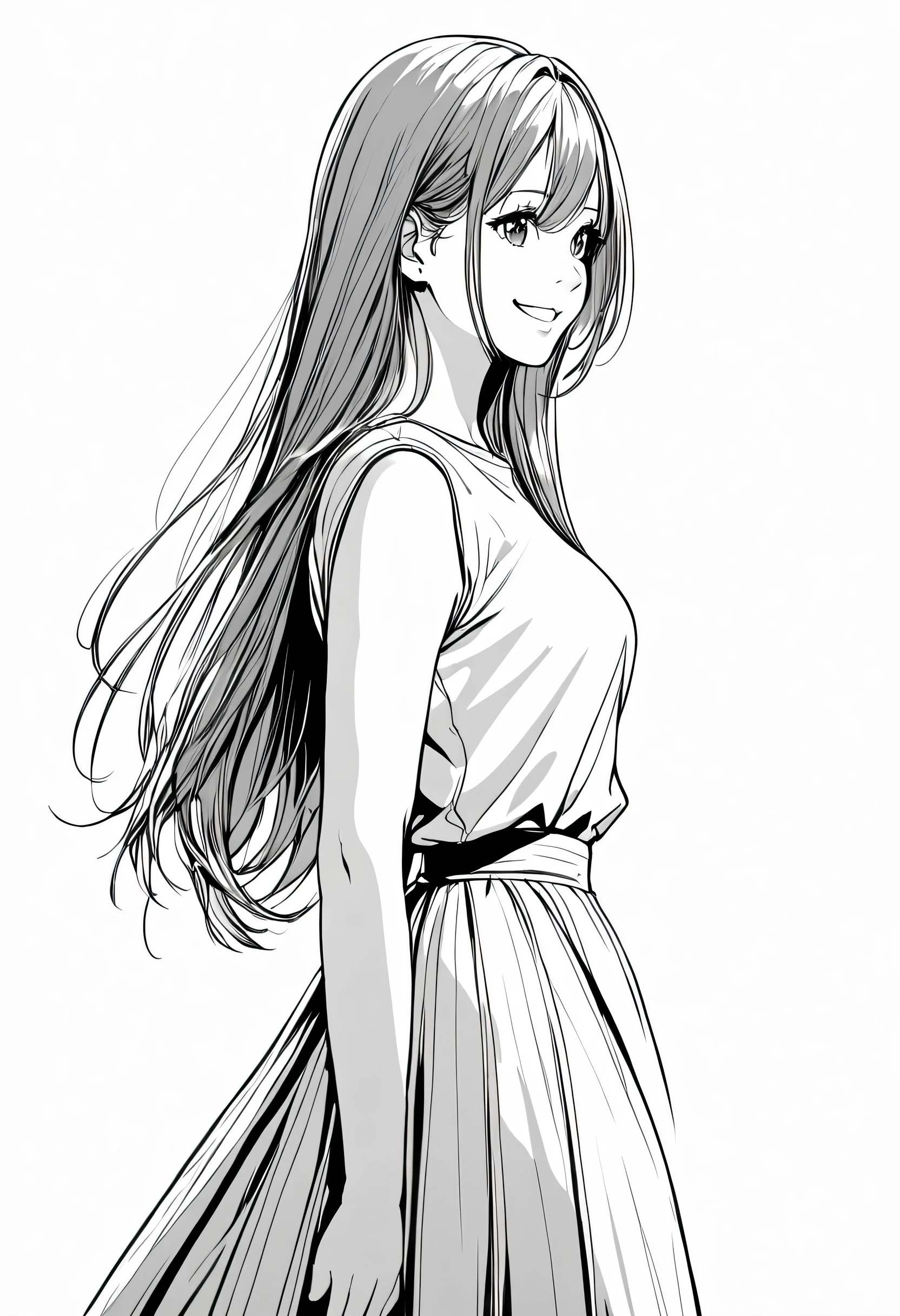 masterpiece, highest quality, High resolution / hire, Super detailed, shape, from before, cowboy shot, looking sideways,(1 female:1.2),straight long hair, long skirt, ((simple white background)), natural smile, standing pose,white background, monochrome, line drawing, ((sketch))