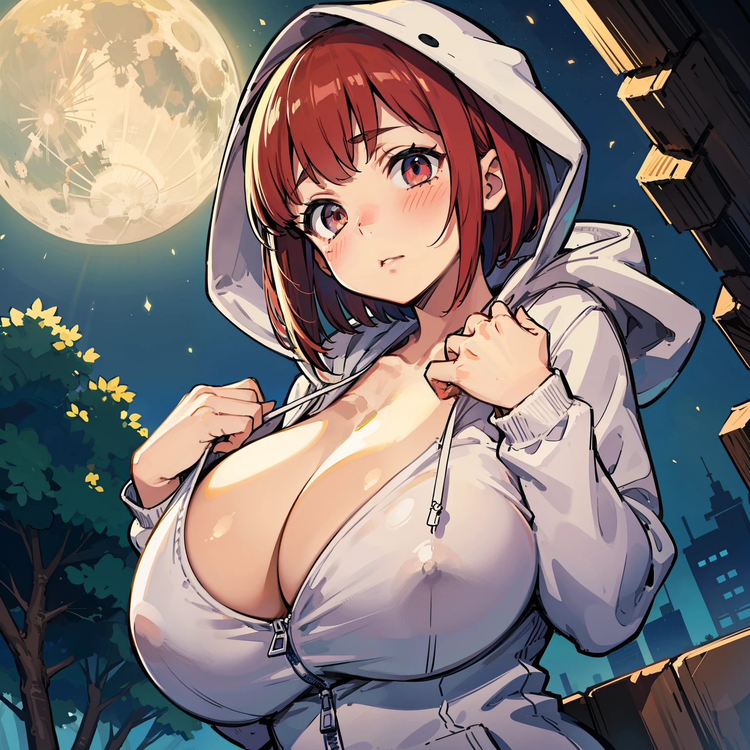 ((Dutch angle)), upper body shot, solo, alone, a very cute girl, student, red bob cut, parted lips, (shy:1.3), ((blush)), (closed mouth), ((white zipper hoodies)), (gigantic breasts:1.5), ((hands on breasts, breast close up)), ((cleavage)), curvy,(((View from below))), out door, moon, perfect lighting, (masterpiece), (Best Quality), (ultra-detailed)