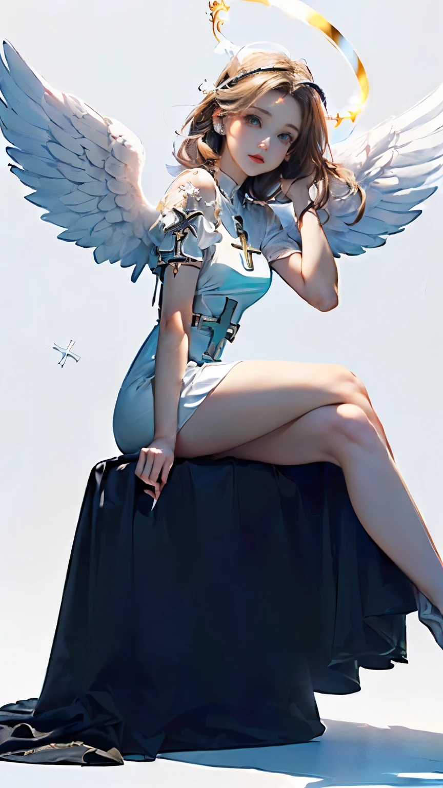 (((Masterpiece))),((top quality)),one beautiful girl,Pale, (A character that personifies an angel: 1.5), (((A strong halo shines from behind the head:1.5)))、(medieval pure white dress:1.5)))、(belly button)、(white bird wings:1.5),(plain clothes), (skin revealing),(The background is heaven 1.5).(((from the front:1.5)))、(straight front: 1.5)、(((cross your legs:1.5)))、