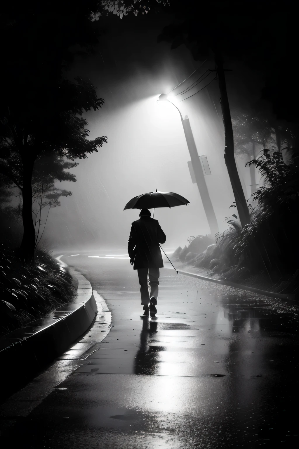 Araped man walking down a dark street holding an umbrella, Pan Lake Photos, Rainy mood, Irakli Nadar(Irakli Nadar), In a rainy environment, on a rainy evening, water photo in rain, in the rain, in the middle of the rain, produce: Mirko Rački, It rains late at night., in the rain in the early evening, black and white photography