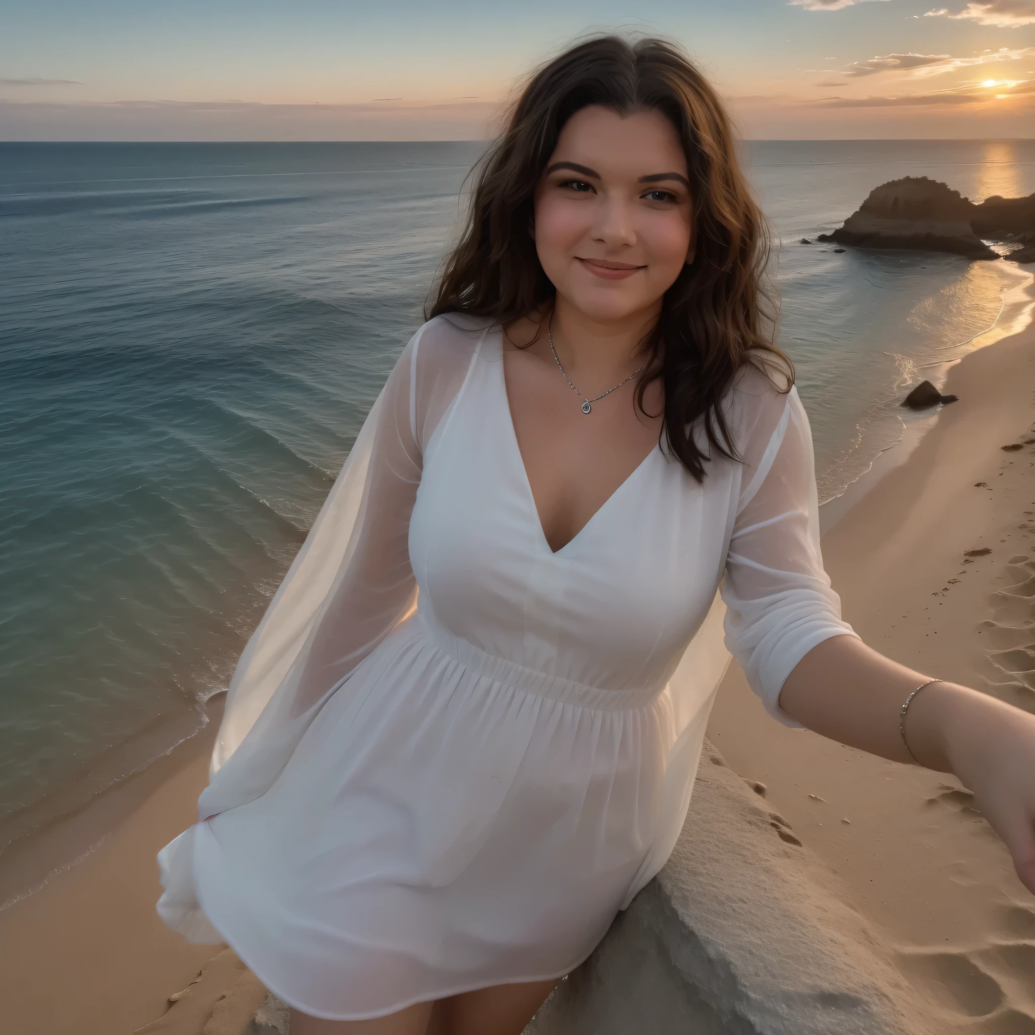 Once upon a time, in a small seaside town, lived an 35-year-old woman named Rosita. Curvy BBW. With dark, wavy hair that danced in the sea breeze, Rosita's eyes were aqua, clear, bright and deep as the ocean, hiding countless mysteries. Her smile was radiant, illuminating each dark corner with a light that could only be described as hope. She wore a light, white blouse that seemed to dance with her with every movement she made. Her worn-out dress told stories of past adventures, glistened with splashes of waves from when she used to capture the beautiful horizons only her gaze could see. Hanging around her neck, an old silver medallion - a family heirloom bearing the crest of Marrakech. She stood on a cliff overlooking the sea, the wind blowing in her face, tracing every contour of her silhouette. The sun was setting, painting the sky with hues of pink, orange, and purple, reflecting on the ocean surface and in her eyes. She seemed to be part of the horizon, an ethereal figure unified with the scenery around her. In the background, a small town rested, its lights starting to twinkle as the night approached. Rosita looked out over the horizon, her eyes full of dreams and determination. Her beauty was not a barrier, but a driving force, ready to explore the unknown and embrace all that life had to offer. The image of 35-year-old Rosita is an image of hope, of yet unrealized dreams, and of a bright future waiting to be discovered.