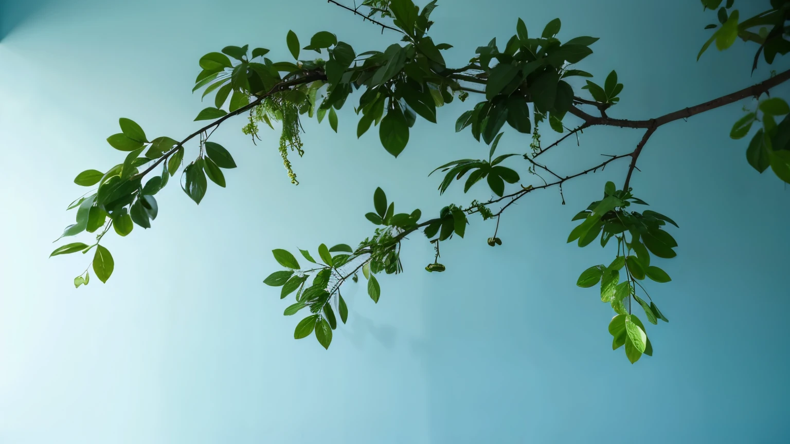 branches，green leaves，indoor，blue background，clear