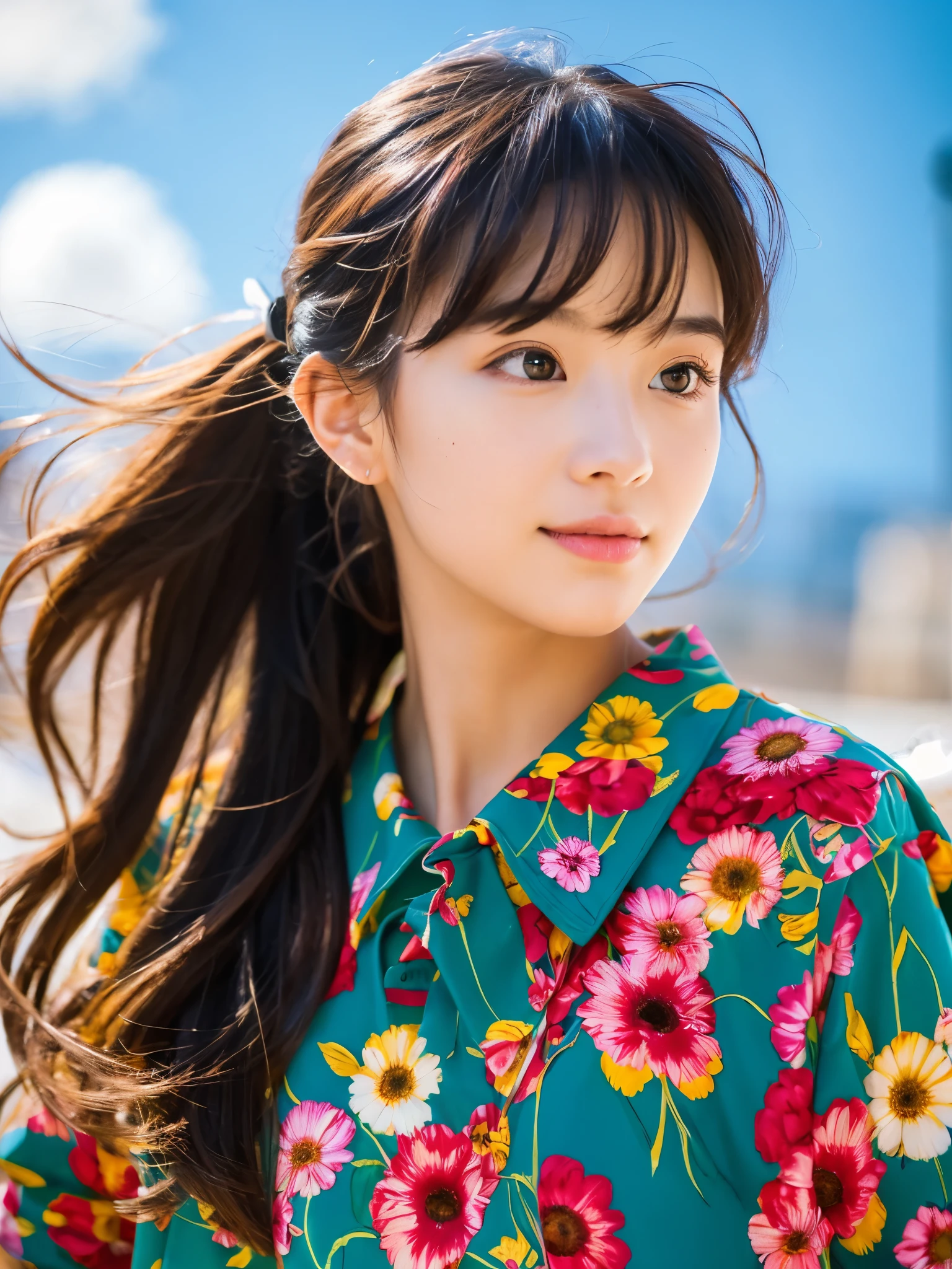 masterpiece), (highest quality), (Super detailed), (messy hair), (figure), (one girl), (fashionable clothes), Are standing, Fashion Model, (interview), (simple background), Fine and beautiful eyes, delicate beautiful face, floating, (high color saturation), (colorful splash), colorful bubble, (shine), focus on face, ponytail, black hair, bangs, hair ring, floating Flowers, floating Hairs, (shining), best writing, best shadow