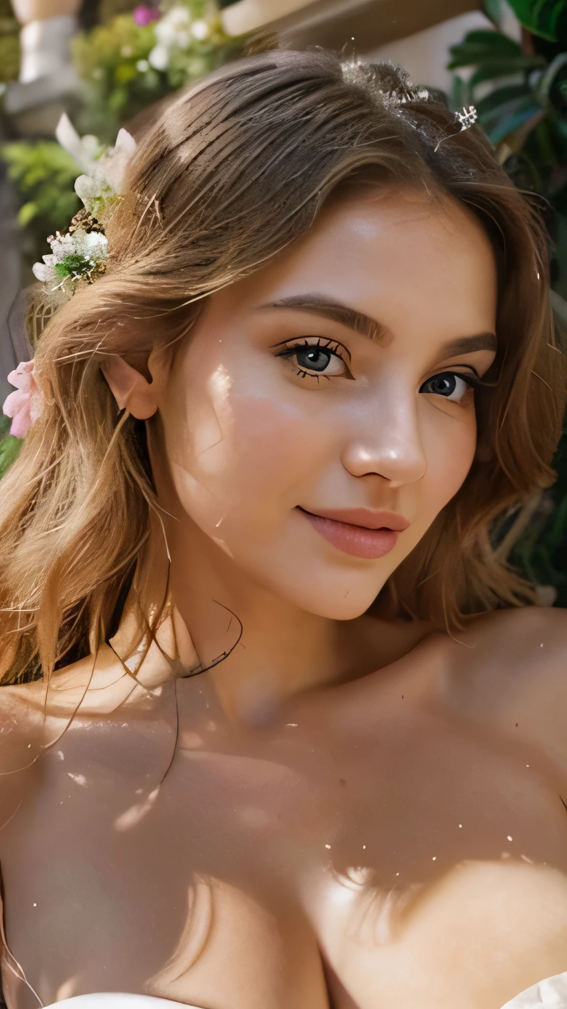 In a sunlit courtyard adorned with blooming flowers, Sophia, a European beauty, stands poised and captivating. Her heart-shaped face, framed by cascading blonde waves, radiates elegance and allure. With emerald-green eyes that sparkle with depth and wisdom, Sophia captivates the viewer's gaze, while her lips, painted with a subtle pink hue, curve into a mesmerizing smile. Her fair complexion glows with a luminous sheen, enhancing her natural charm and sophistication. In this enchanting setting, Sophia embodies the epitome of timeless beauty, exuding an aura of grace and magnetism that captivates hearts effortlessly.