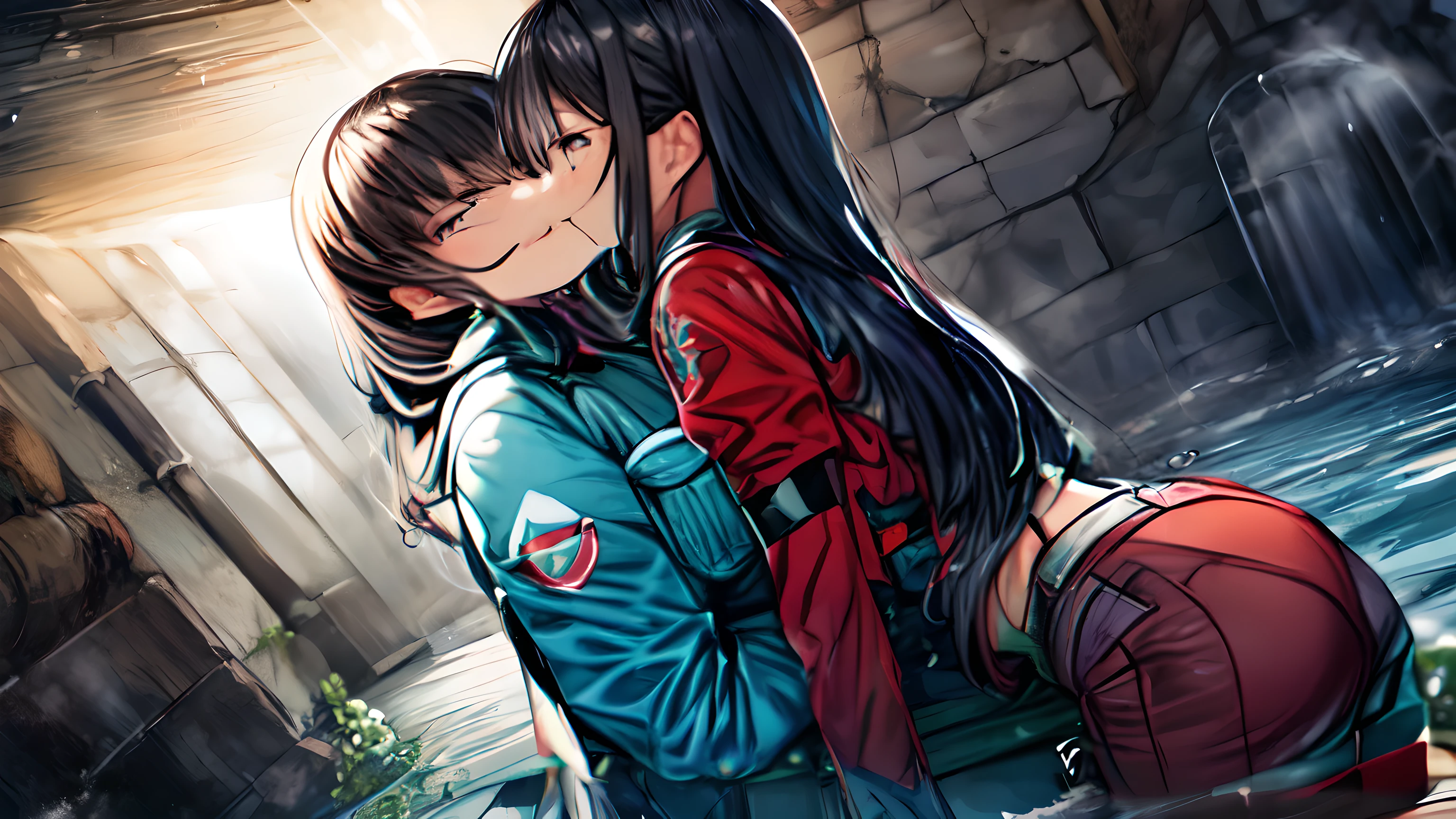 hyper quality, high resolution, intricate details, panorama, dutch angle, (2 s) wearing (flower kimono), cotton texture kimono, (red and teal kimono:1.15), (very large kimono, large kimono sleeve, best cotton texture, best Wrinkles on kimono), (yuri, lesbian), (kiss, deep kiss, hug, sex:1.25), full body, Beautiful eyes, (Partial submerse:1.1),Partial kimono in water, (Water sprayed, water column:1.1) (wet, very wet kimono, wet body, wet long black hair, wet kimono sleeve, wet kimono drees, wet skin:1.1), (Transparent mucus wrapping, water drop), submerse in water, Poignant and beautiful, Smile in despair, smile in sadness, closed mouth, (beautiful and detailed water:1.1), (dark dungeon, dark and damp water dungeon, enclosed space:1.15), (Cement walls), dark light, light source, (atmosphere of despair:1.15), (Water mist), inspired by the flower house Yiding's manga painting, Pixiv competition winner, ukiyo-e, ukiyo-e art style, ukiyo-e style, Japanese art style, Japanese illustrator,