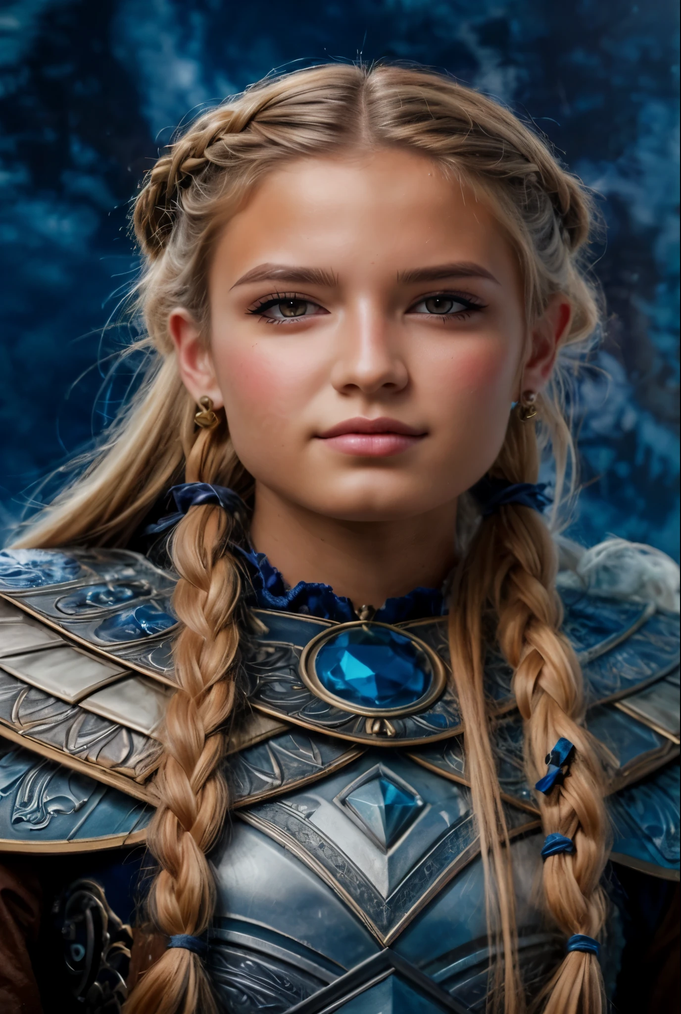 un primer plano de una mujer con trenzas y ojos azules, hyperrealistic fantasy art, fantasy concept art portrait, hyper detailed fantasy character, detailed matte fantasy portrait, Escudo vikingo adolescenteDoncella, Realistic fantasy artwork., fantasy character portrait, chica guerrera, epic fantasy art portrait, Aloy, wojtek fus, detailed fantasy art, fantasy portrait art, fantasy art portrait