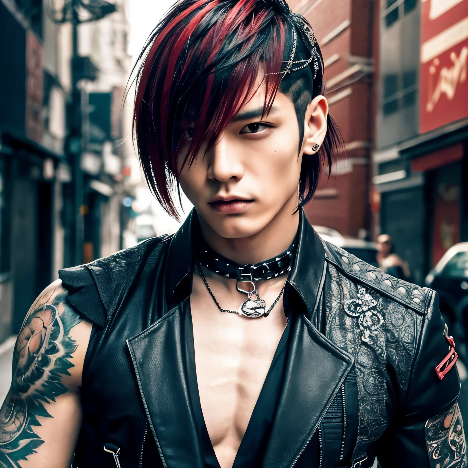1 man, male, Japanese man, Visual Kai hairstyle, ultra detailed face and body, hyperrealistic, realistic representation, muscular, broad shoulders, tattoos gothic style, piercings, Visual Kei style, hairstyle Visual Kei, blond, long hair, 30 years old, age 30, outfit gothic streampunk, men's shirt and black pants, Asian eyes, eyes Asian, Visual Kei hairstyle 