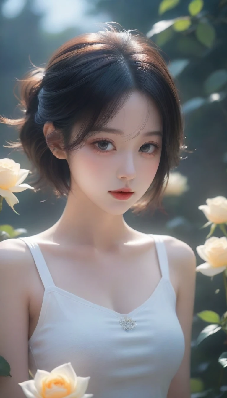 Close-up of a woman holding a bouquet of flowers, beautiful black rose anime girl, short jeans costume hot white three-hole t-shirt with sun-lit black rose garden, realistic cute girl painting, by Yang J, guweiz style artwork, beautiful character painting, beautiful digital illustration, beautiful painting, a beautiful illustration artwork, by Li Song, beautiful digital artwork, beautiful digital painting, guweiz