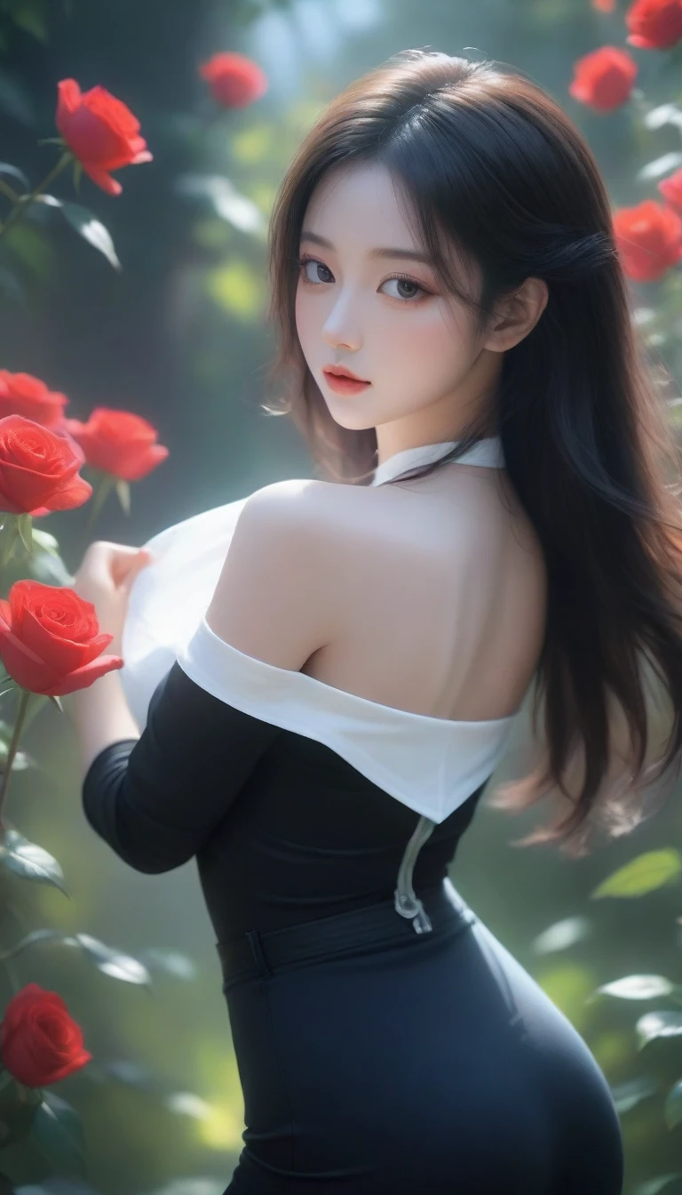 Close-up of a woman holding a bouquet of flowers, beautiful black rose anime girl, short jeans costume hot white three-hole t-shirt with sun-lit black rose garden, realistic cute girl painting, by Yang J, guweiz style artwork, beautiful character painting, beautiful digital illustration, beautiful painting, a beautiful illustration artwork, by Li Song, beautiful digital artwork, beautiful digital painting, guweiz