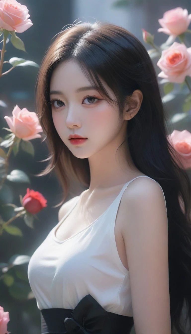 Close-up of a woman holding a bouquet of flowers, beautiful black rose anime girl, short jeans costume hot white three-hole t-shirt with sun-lit black rose garden, realistic cute girl painting, by Yang J, guweiz style artwork, beautiful character painting, beautiful digital illustration, beautiful painting, a beautiful illustration artwork, by Li Song, beautiful digital artwork, beautiful digital painting, guweiz