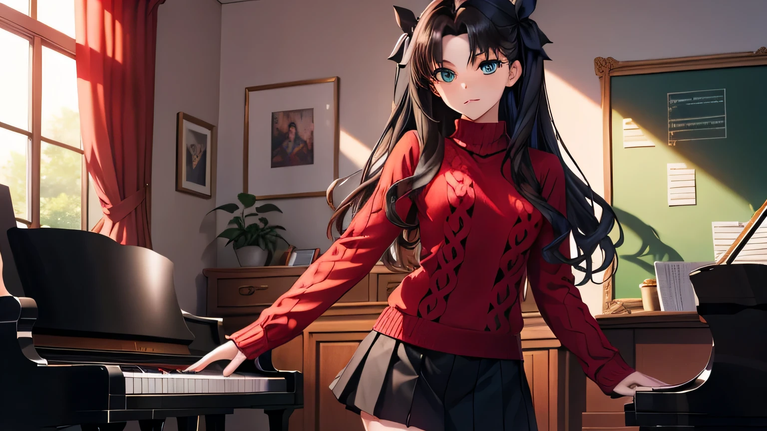 (masterpiece, highest quality:1.2), very detailed, soft ambient lighting, sharp focus, 4k, break 1 girl, alone, nagatoro hayase, hair ornaments, brown eyes, hair clip, black skin, black hair, , white shirt, navy blue skirt, play the piano　Playing the piano keys, looking at the viewer, grin and laugh,