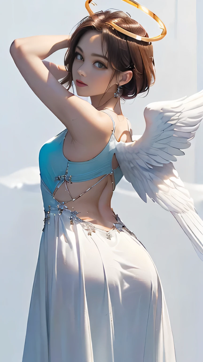 (((Masterpiece))),((top quality)),one beautiful girl,Pale, (A character that personifies an angel: 1.5), (((A strong halo shines from behind the head:1.5)))、(medieval pure white dress:1.5)))、(belly button)、(white bird wings:1.5),(plain clothes), (skin revealing),(The background is heaven 1.5).(((from the front:1.5)))、(straight front: 1.5)、(((dance:1.5)))、