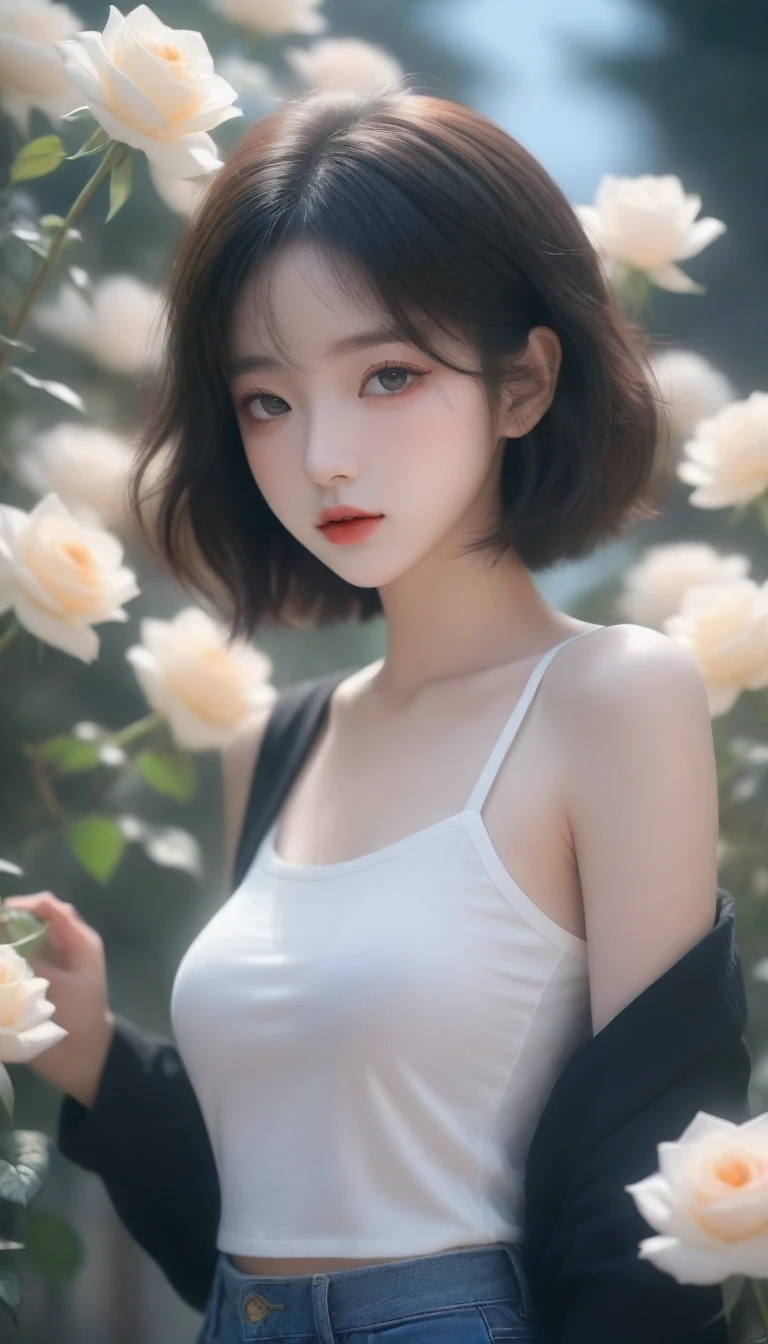 Close-up of a woman holding a bouquet of flowers, beautiful black rose anime girl, short jeans costume hot white three-hole t-shirt with sun-lit black rose garden, realistic cute girl painting, by Yang J, guweiz style artwork, beautiful character painting, beautiful digital illustration, beautiful painting, a beautiful illustration artwork, by Li Song, beautiful digital artwork, beautiful digital painting, guweiz