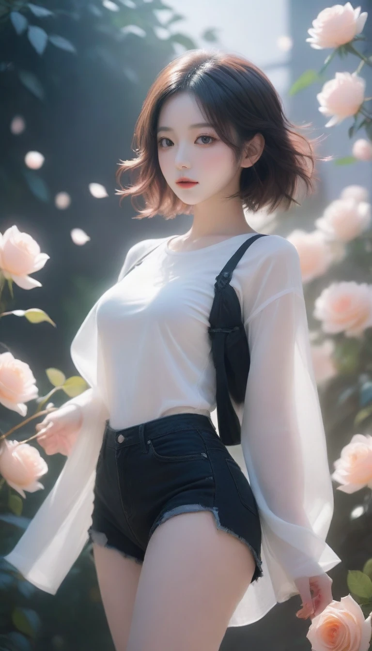 Close-up of a woman holding a bouquet of flowers, beautiful black rose anime girl, short jeans costume hot white three-hole t-shirt with sun-lit black rose garden, realistic cute girl painting, by Yang J, guweiz style artwork, beautiful character painting, beautiful digital illustration, beautiful painting, a beautiful illustration artwork, by Li Song, beautiful digital artwork, beautiful digital painting, guweiz