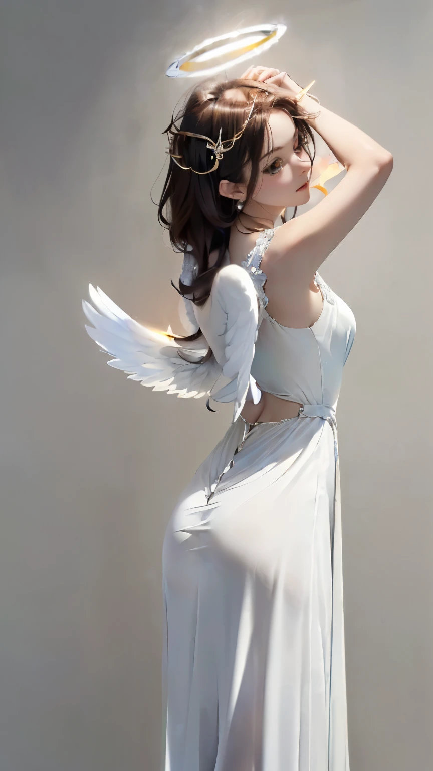 (((Masterpiece))),((top quality)),one beautiful girl,Pale, (A character that personifies an angel: 1.5), (((A strong halo shines from behind the head:1.5)))、(medieval pure white dress:1.5)))、(belly button)、(white bird wings:1.5),(plain clothes), (skin revealing),(The background is heaven 1.5).(((from the front:1.5)))、(straight front: 1.5)、(((dance:1.5)))、