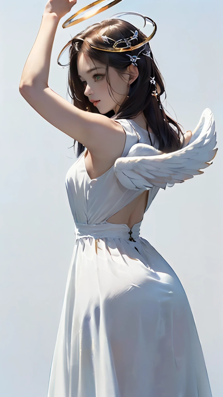 (((Masterpiece))),((top quality)),one beautiful girl,Pale, (A character that personifies an angel: 1.5), (((A strong halo shines from behind the head:1.5)))、(medieval pure white dress:1.5)))、(belly button)、(white bird wings:1.5),(plain clothes), (skin revealing),(The background is heaven 1.5).(((from the front:1.5)))、(straight front: 1.5)、(((dance:1.5)))、