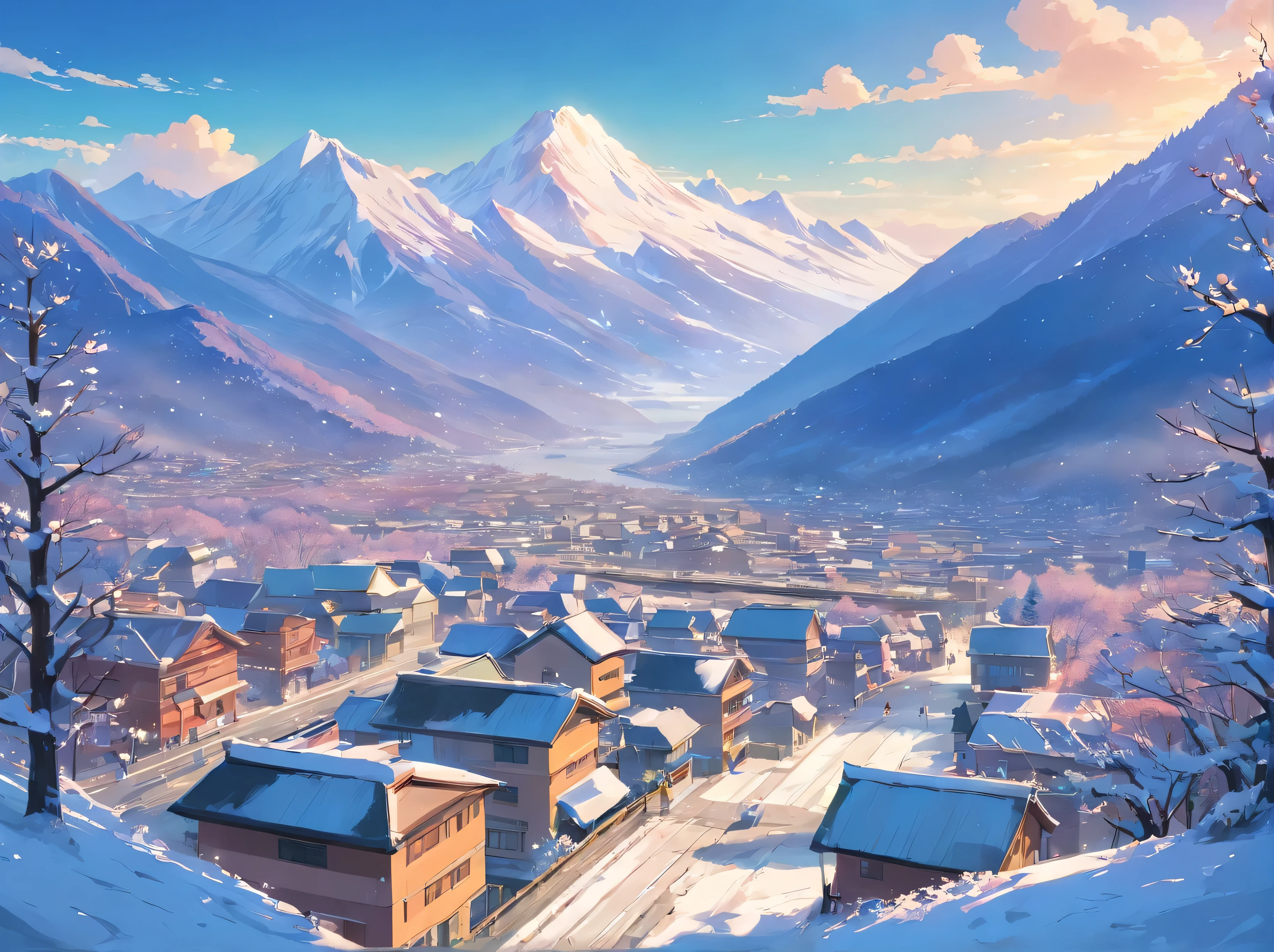 The mountains are covered with snow., Tree, the town below, site, There is something playing in the distance., my stomach is cloudy., Japanese cartoons, HD