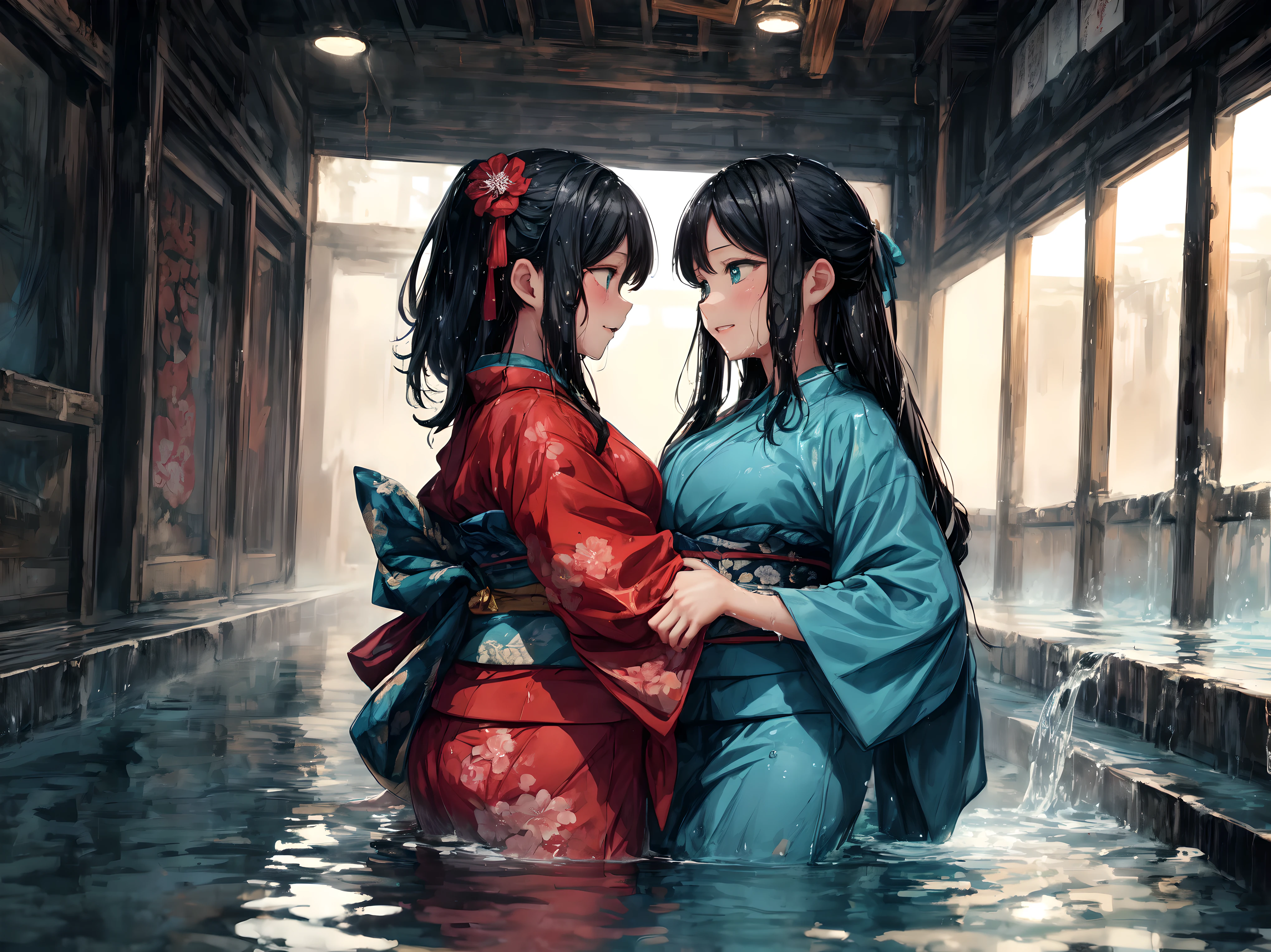 hyper quality, high resolution, intricate details, panorama, dutch angle, (2 s) wearing (flower kimono), cotton texture kimono, (red and teal kimono:1.15), (very large kimono, large kimono sleeve, best cotton texture, best Wrinkles on kimono), (yuri, lesbian), (deep kiss,sex:1.2), full body, Beautiful eyes, (Partial submerse:1.1),Partial kimono in water, (Water sprayed, water column:1.1) (wet, very wet kimono, wet body, wet long black hair, wet kimono sleeve, wet kimono drees, wet skin:1.1), (Transparent mucus wrapping, water drop), submerse in water, Poignant and beautiful, Smile in despair, smile in sadness, closed mouth, (beautiful and detailed water:1.1), (dark dungeon, dark and damp water dungeon, enclosed space:1.15), (Cement walls), dark light, light source, (atmosphere of despair:1.15), (Water mist), inspired by the flower house Yiding's manga painting, Pixiv competition winner, ukiyo-e, ukiyo-e art style, ukiyo-e style, Japanese art style, Japanese illustrator,