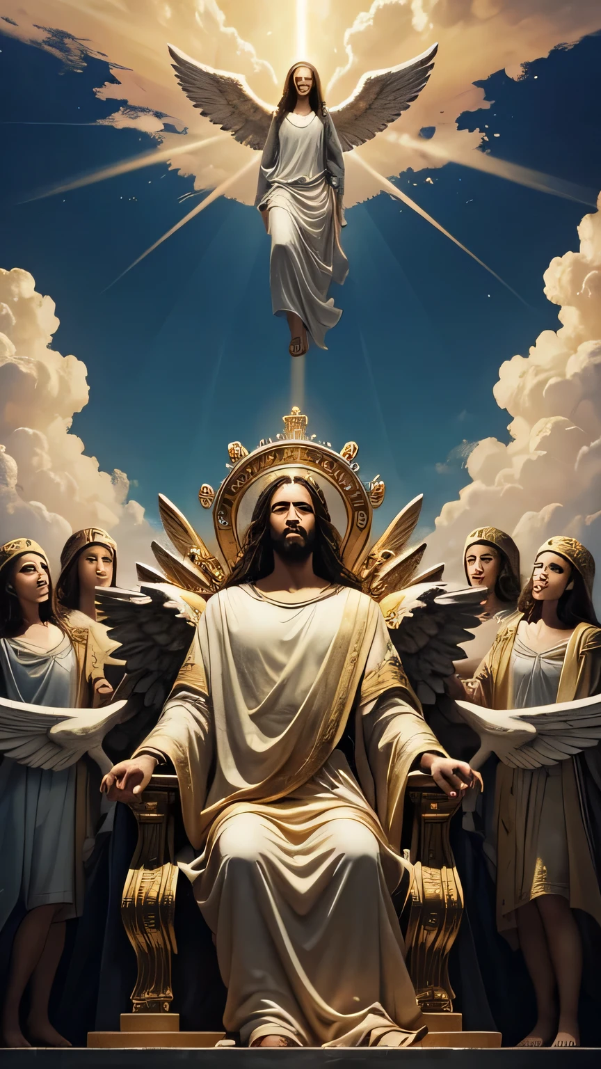 Crie uma imagem que represente o retorno de Cristo, where he will be on his throne in the clouds in high glory, com uma coroa, and his angels will descend from the heavens and below a multitude waiting to be saved