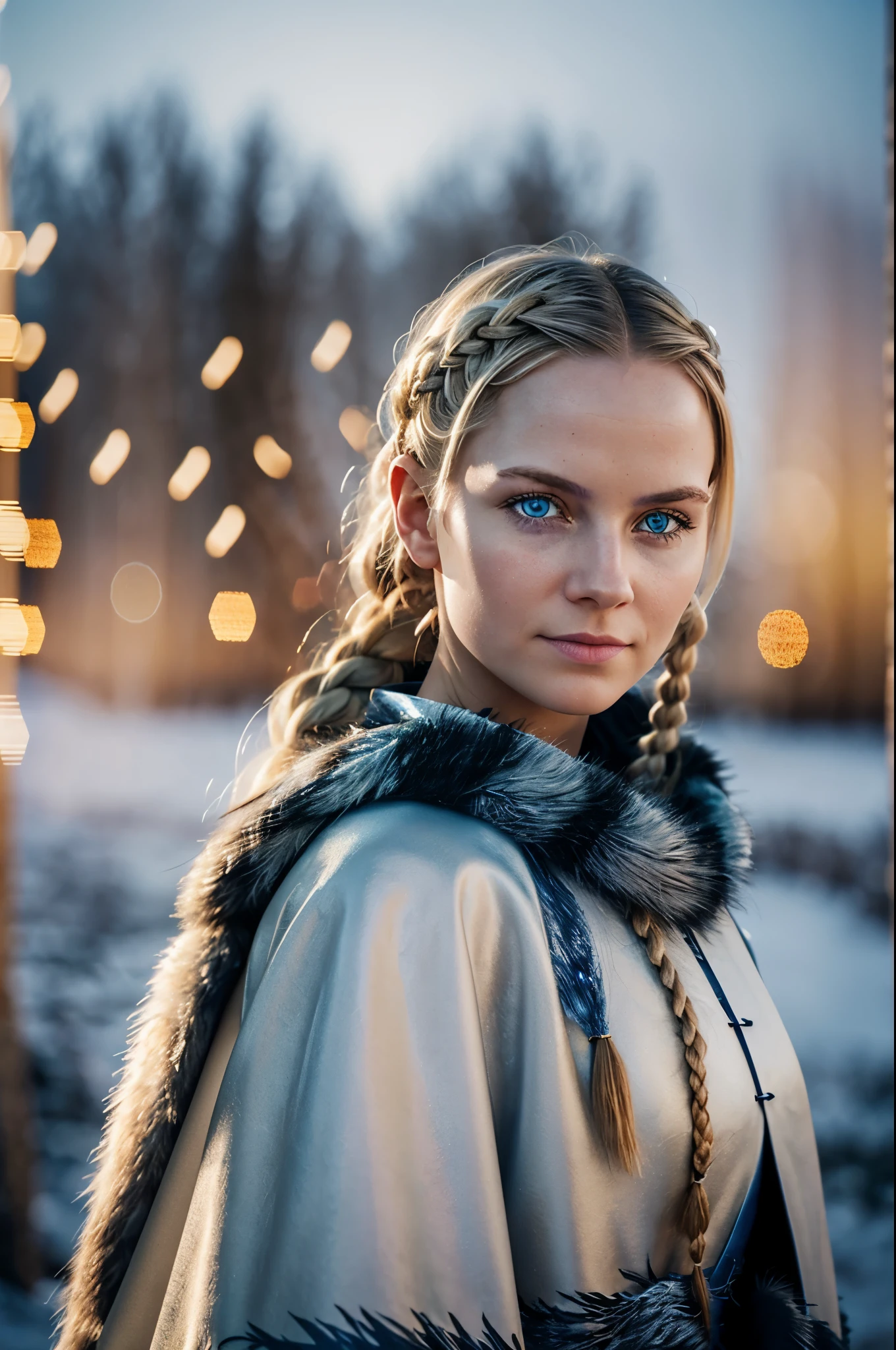 A fiercely proud Nordic girl stands, her presence exuding unwavering strength. Her blonde braids cascade down her back, framing a face marked by determination and resilience. This stunning portrait captures her piercing blue eyes, reflecting the icy landscapes of her homeland. The intricate details of her embroidered Viking armor and fur-lined cloak speak of her warrior spirit. This high-quality painting seamlessly combines power and grace, drawing the viewer into the captivating story of a fierce Nordic warrior princess. playful body manipulations, divine proportion, non-douche smile, gaze into the camera, holographic shimmer, whimsical lighting, enchanted ambiance, soft textures, imaginative artwork, ethereal glow, silent Luminescence, whispering Silent, iridescent Encounter, vibrant background, by Skyrn99, full body, (((rule of thirds))), high quality, high detail, high resolution, (bokeh:2), backlight, long exposure:2