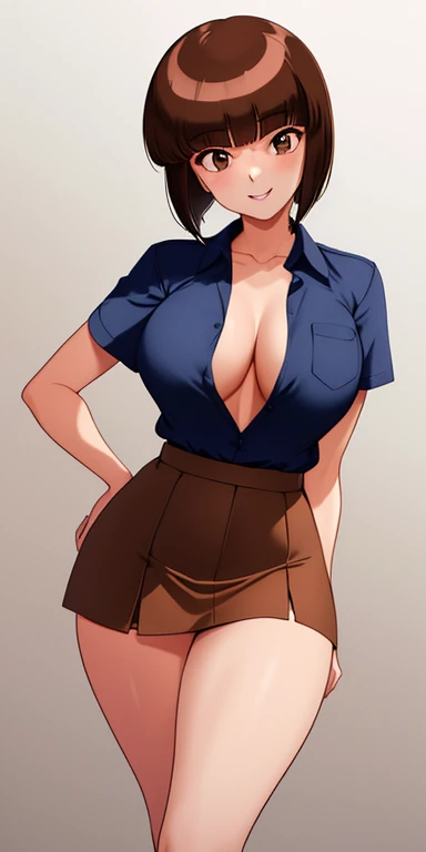 Tendou Nabiki, beautiful girl standing alone, ((unbuttoned school shirt showing tits)), brown hair bobcut with bangs, (big brown eyes), full lips, charming smile, perfect body, slim waist, ((hands behind her back)), (circle school miniskirt:1.3), perfect legs, thick thighs, ((plain bottom:1.3)), Noon time, best quality, close up photo, masterpiece, uhdd, best_quality, high resolution