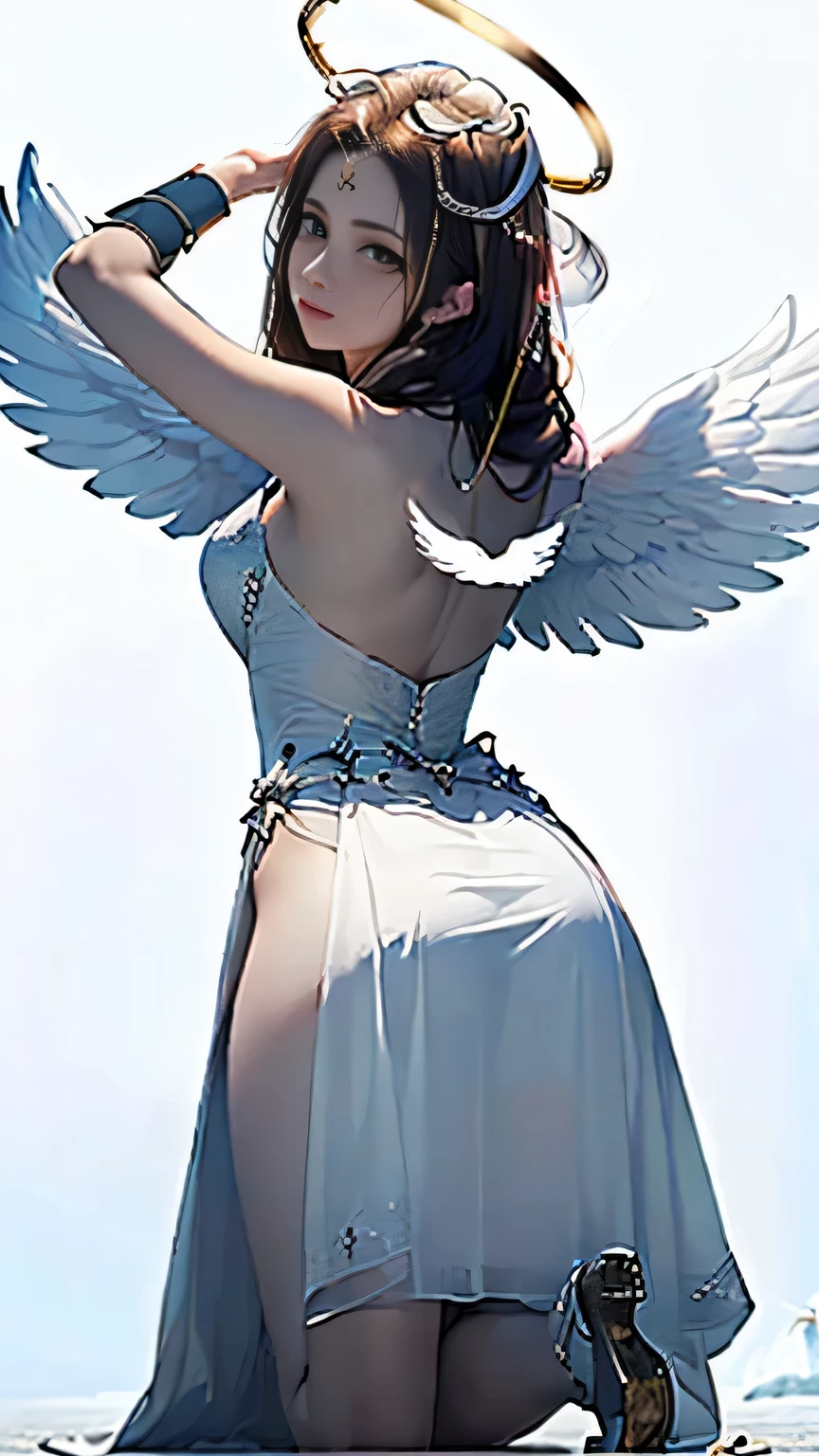 (((Masterpiece))),((top quality)),one beautiful girl,Pale, (A character that personifies an angel: 1.5), (((A strong halo shines from behind the head:1.5)))、(medieval pure white dress:1.5)))、(belly button)、(white bird wings:1.5),(plain clothes), (skin revealing),(The background is heaven 1.5).(((from the front:1.5)))、(straight front: 1.5)、(((kneel:1.5)))、