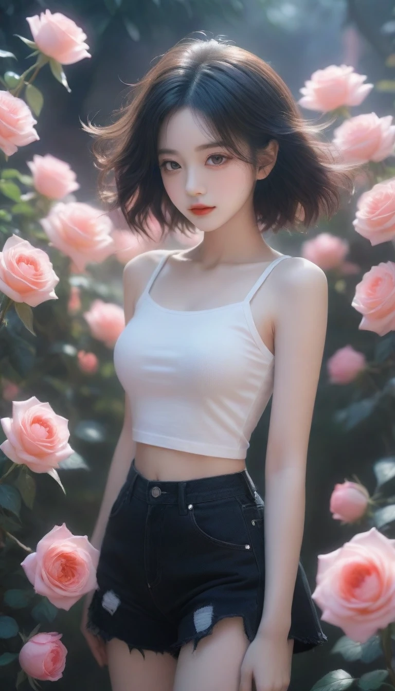 Close-up of a woman holding a bouquet of flowers, beautiful black rose anime girl, short jeans costume hot white three-hole t-shirt with sun-lit black rose garden, realistic cute girl painting, by Yang J, guweiz style artwork, beautiful character painting, beautiful digital illustration, beautiful painting, a beautiful illustration artwork, by Li Song, beautiful digital artwork, beautiful digital painting, guweiz