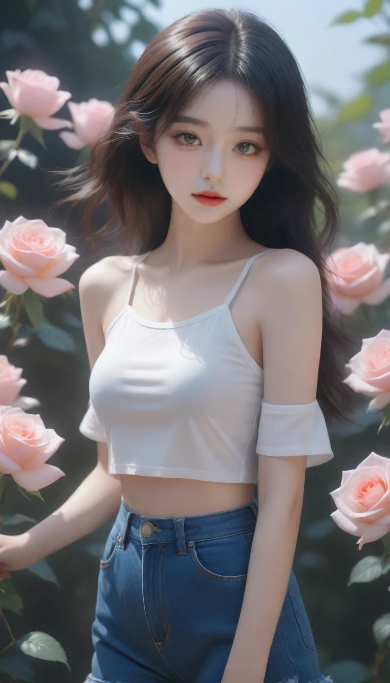 Close-up of a woman holding a bouquet of flowers, beautiful black rose anime girl, short jeans costume hot white three-hole t-shirt with sun-lit black rose garden, realistic cute girl painting, by Yang J, guweiz style artwork, beautiful character painting, beautiful digital illustration, beautiful painting, a beautiful illustration artwork, by Li Song, beautiful digital artwork, beautiful digital painting, guweiz