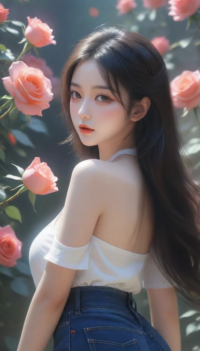 Close-up of a woman holding a bouquet of flowers, beautiful black rose anime girl, short jeans costume hot white three-hole t-shirt with sun-lit black rose garden, realistic cute girl painting, by Yang J, guweiz style artwork, beautiful character painting, beautiful digital illustration, beautiful painting, a beautiful illustration artwork, by Li Song, beautiful digital artwork, beautiful digital painting, guweiz