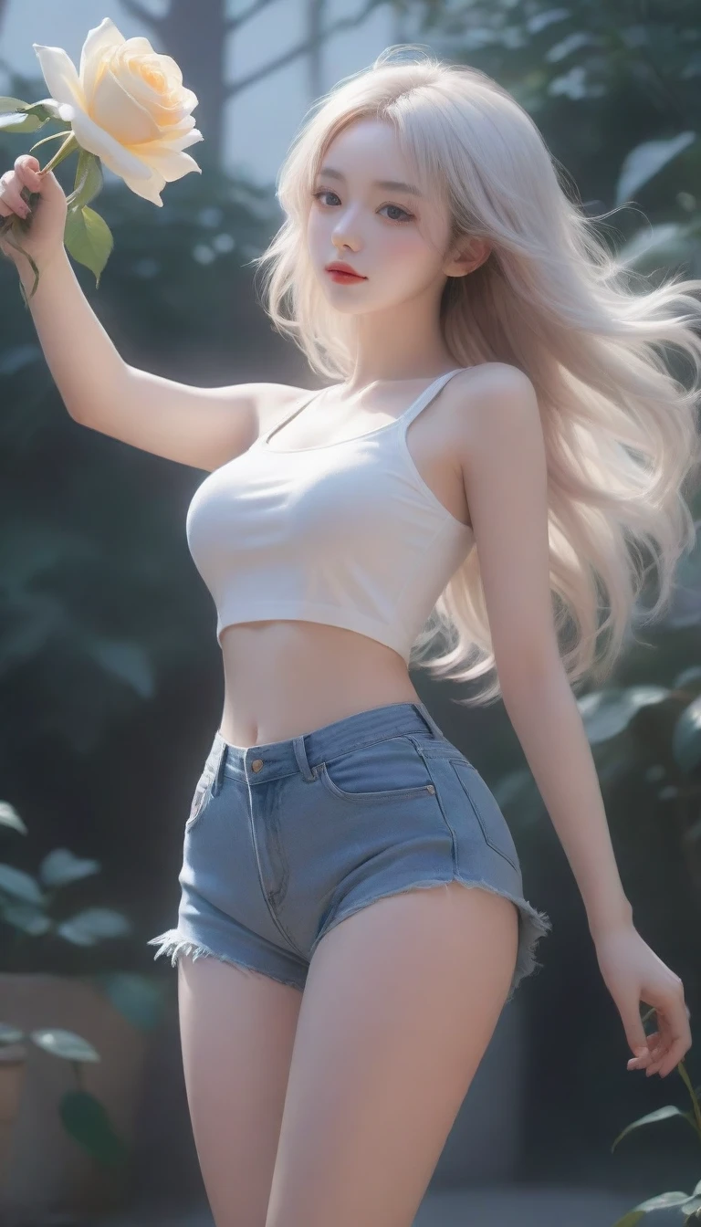 Close-up of a woman holding a bouquet of flowers, beautiful black rose anime girl, short jeans costume hot white three-hole t-shirt with sun-lit black rose garden, realistic cute girl painting, by Yang J, guweiz style artwork, beautiful character painting, beautiful digital illustration, beautiful painting, a beautiful illustration artwork, by Li Song, beautiful digital artwork, beautiful digital painting, guweiz