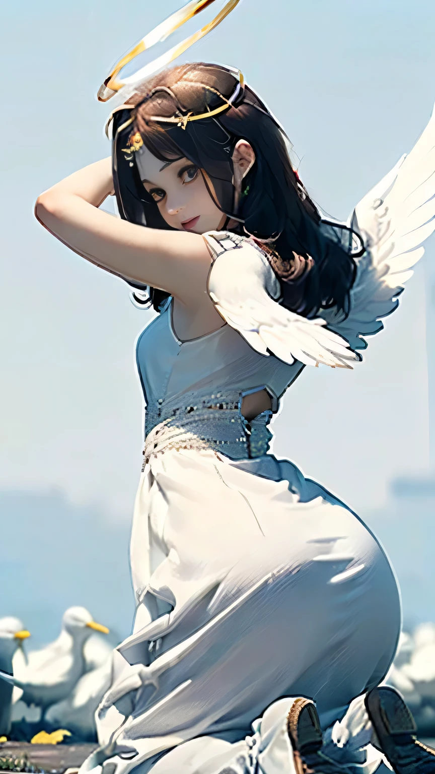 (((Masterpiece))),((top quality)),one beautiful girl,Pale, (A character that personifies an angel: 1.5), (((A strong halo shines from behind the head:1.5)))、(medieval pure white dress:1.5)))、(belly button)、(white bird wings:1.5),(plain clothes), (skin revealing),(The background is heaven 1.5).(((from the front:1.5)))、(straight front: 1.5)、(((kneel:1.5)))、