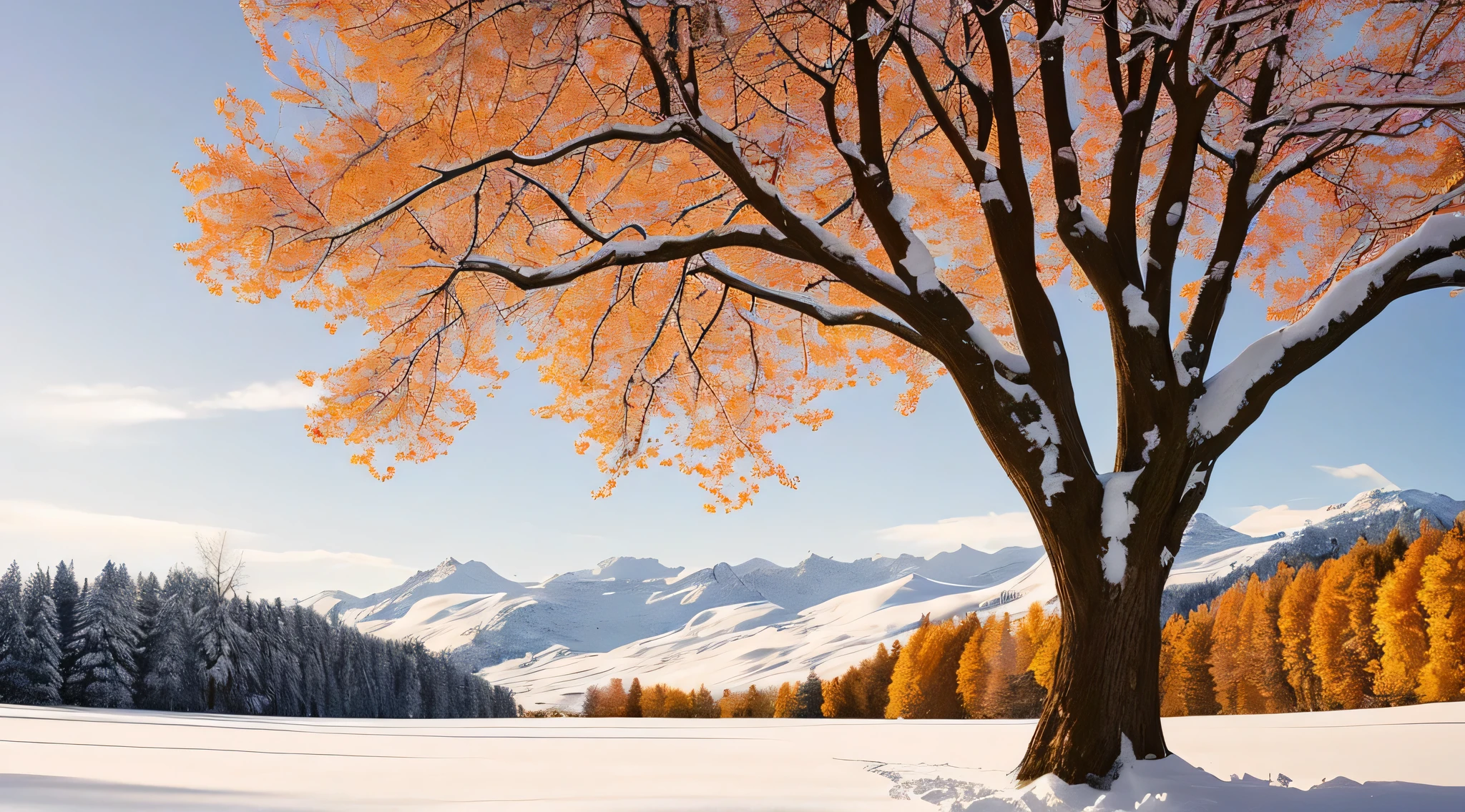 there is a tree standing in the snow near'une maison, Beautiful warm scene, Beautiful trees that take your breath away, breathtaking - breathtaking beautiful trees, fond d'screen HD, beautiful Snowy landscape, paysage de neige, with snow covered in colorful red, beautiful region of'hiver, beauté du paysage naturel, beau fond d'screen, cadre hivernal, saison de l'automne, Snowy landscape, fin de l'automne, très beau paysage