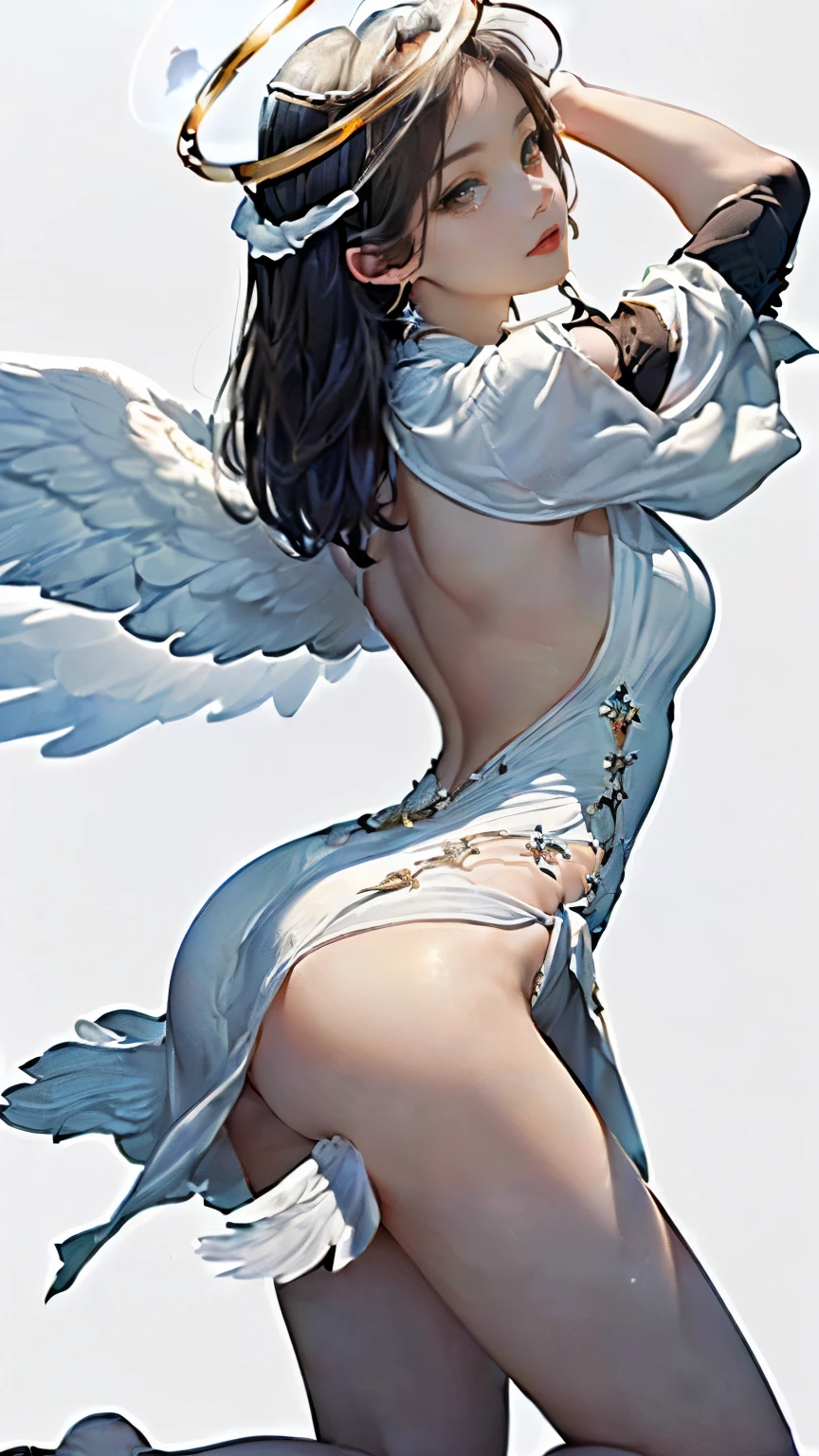 (((Masterpiece))),((top quality)),one beautiful girl,Pale, (A character that personifies an angel: 1.5), (((A strong halo shines from behind the head:1.5)))、(medieval pure white dress:1.5)))、(belly button)、(white bird wings:1.5),(plain clothes), (skin revealing),(The background is heaven 1.5).(((from the front:1.5)))、(straight front: 1.5)、(((One leg is exposed through the slit:1.5)))、