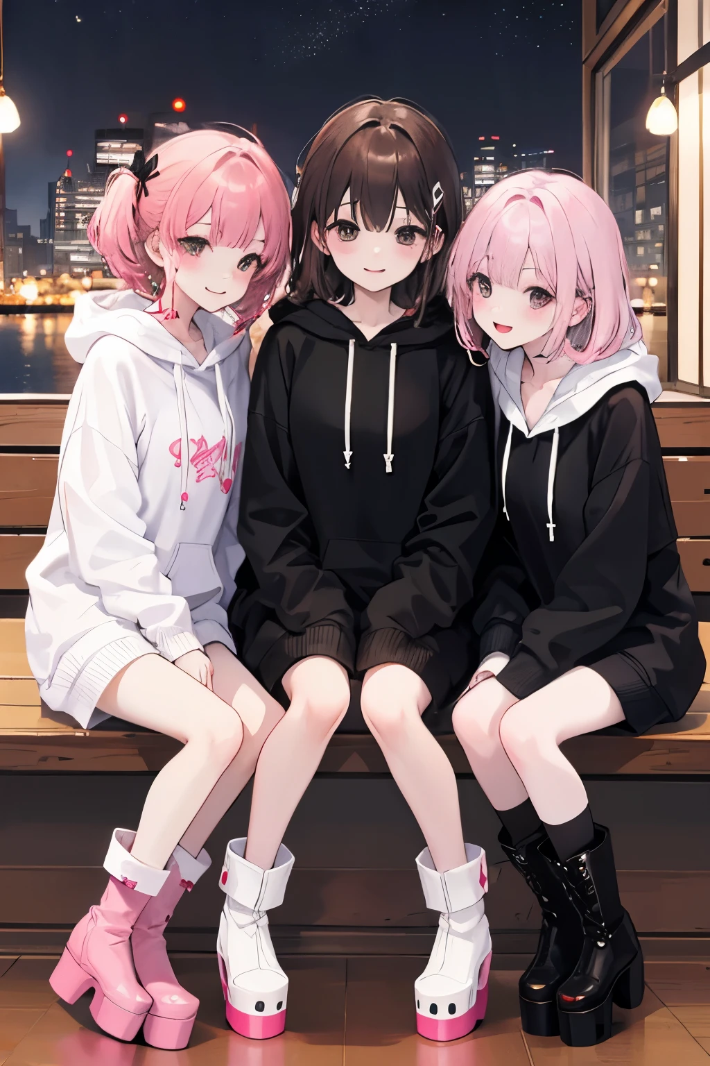 Women's Threesome、cute、With a smile、peace、night scene black and white hoodie、Red and black hoodie、white hoodie、platform boots、platform boots、
brown hair、black hair、pink hair、3✕3の目、black eye、