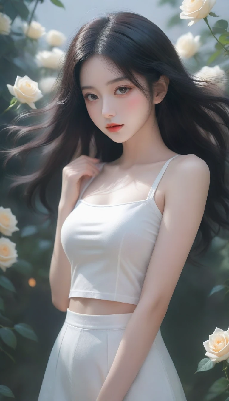 Close-up of a woman holding a bouquet of flowers, beautiful black rose anime girl, short jeans costume hot white three-hole t-shirt with sun-lit black rose garden, realistic cute girl painting, by Yang J, guweiz style artwork, beautiful character painting, beautiful digital illustration, beautiful painting, a beautiful illustration artwork, by Li Song, beautiful digital artwork, beautiful digital painting, guweiz