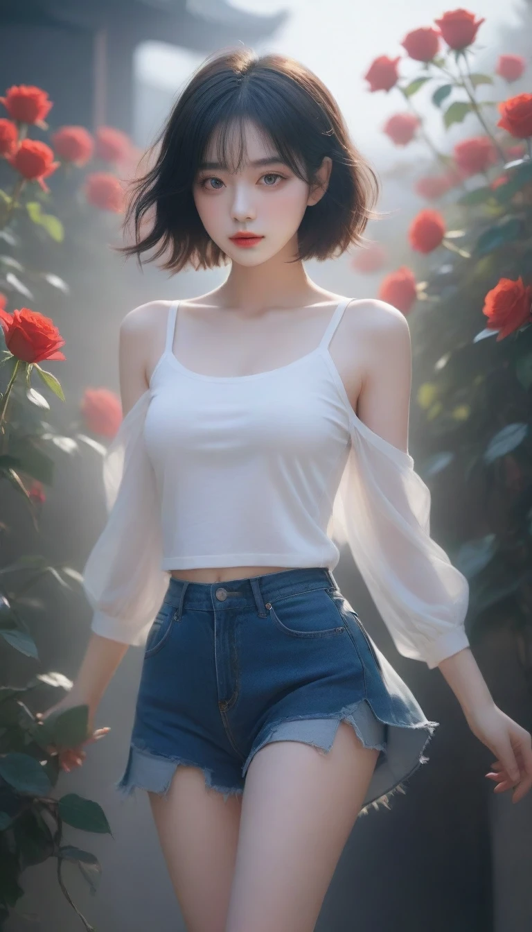 Close-up of a woman holding a bouquet of flowers, beautiful black rose anime girl, short jeans costume hot white three-hole t-shirt with sun-lit black rose garden, realistic cute girl painting, by Yang J, guweiz style artwork, beautiful character painting, beautiful digital illustration, beautiful painting, a beautiful illustration artwork, by Li Song, beautiful digital artwork, beautiful digital painting, guweiz