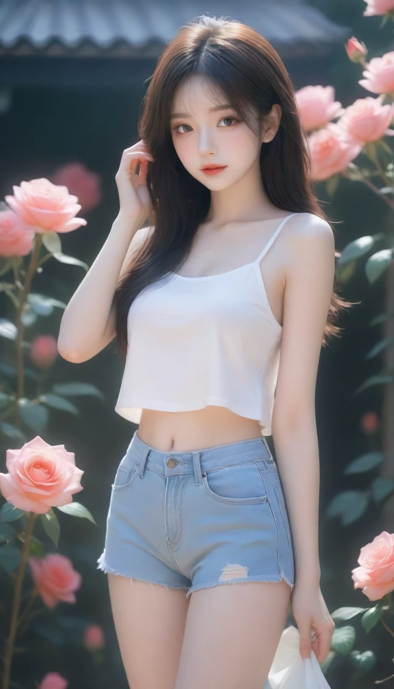 Close-up of a woman holding a bouquet of flowers, beautiful black rose anime girl, short jeans costume hot white three-hole t-shirt with sun-lit black rose garden, realistic cute girl painting, by Yang J, guweiz style artwork, beautiful character painting, beautiful digital illustration, beautiful painting, a beautiful illustration artwork, by Li Song, beautiful digital artwork, beautiful digital painting, guweiz