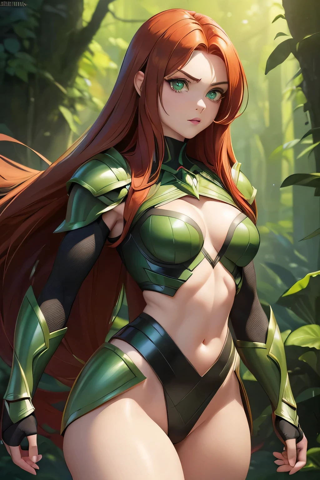 ((Masterpiece)) ((Perfect Face)) ((Beautiful)) ((Small Breasts)) ((portrait)) ((Wide Hips)) ((Broad Shoulders)) ((muscular physique)) ((black and green Super Hero Armor)) ((Super Powers)) ((Long Hair)) ((auburn Hair)) ((Pale Skin)) ((Glowing green Eyes)) ((Button Nose)) ((Exposed Breasts))