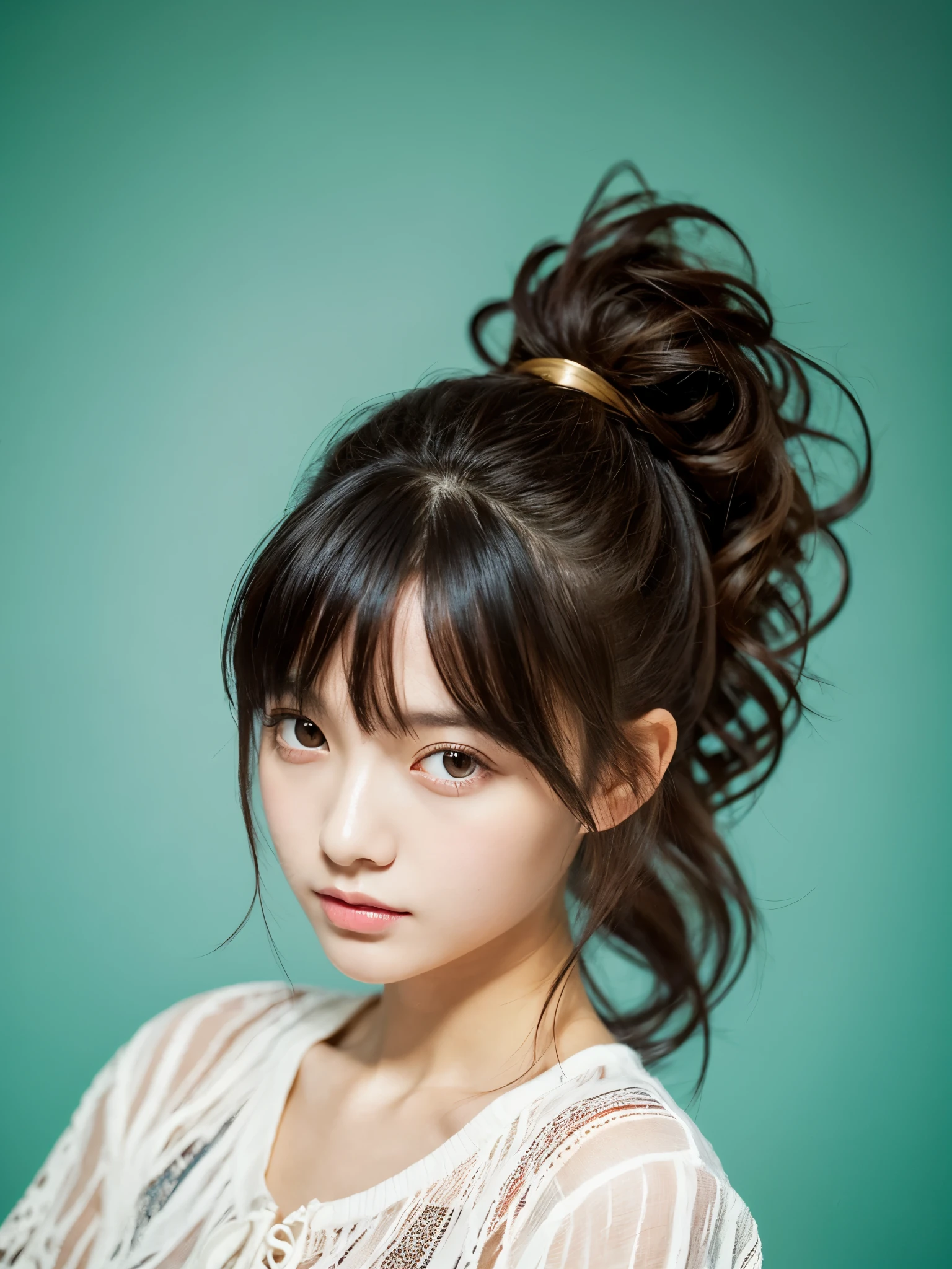 masterpiece), (highest quality), (Super detailed), (messy hair), (shape), (one girl), (fashionable clothes), Are standing, Fashion Model, (interview), (simple background), fine and beautiful eyes, delicate beautiful face, floating, (high color saturation),  focus on face, ponytail, black hair, bangs,floating Hairs, (shining), best writing, best shadow,stylish living room
