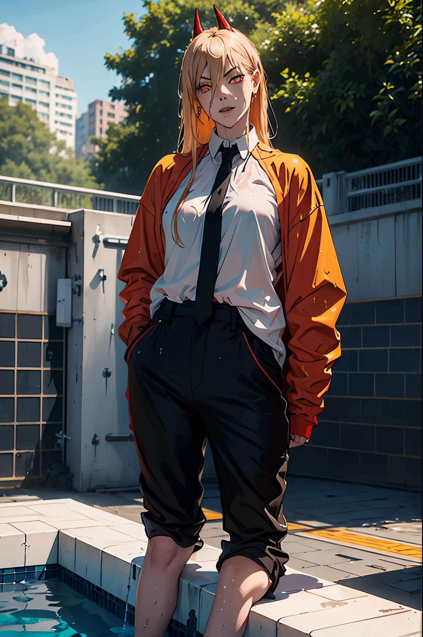 power from chainsawman, yellow vivid eyes, with her iconic two red horns on top her head, sharp teeth, wearing her iconic loose white long sleeve, black tie, black dark business pants,  wet clothes, pool setting, standing in pool, busy day, outdoor, sunny, god rays, pose, smirk, water dripping, wet