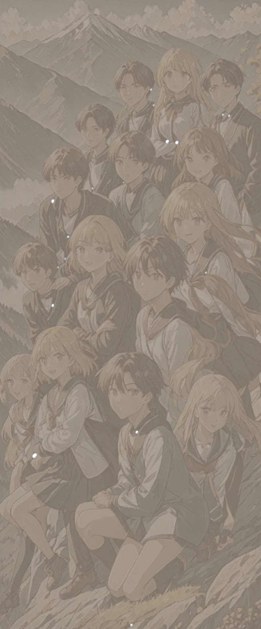 poster for a fictional anime entitled Scandalous with 9  boys and girls posing on a mountain