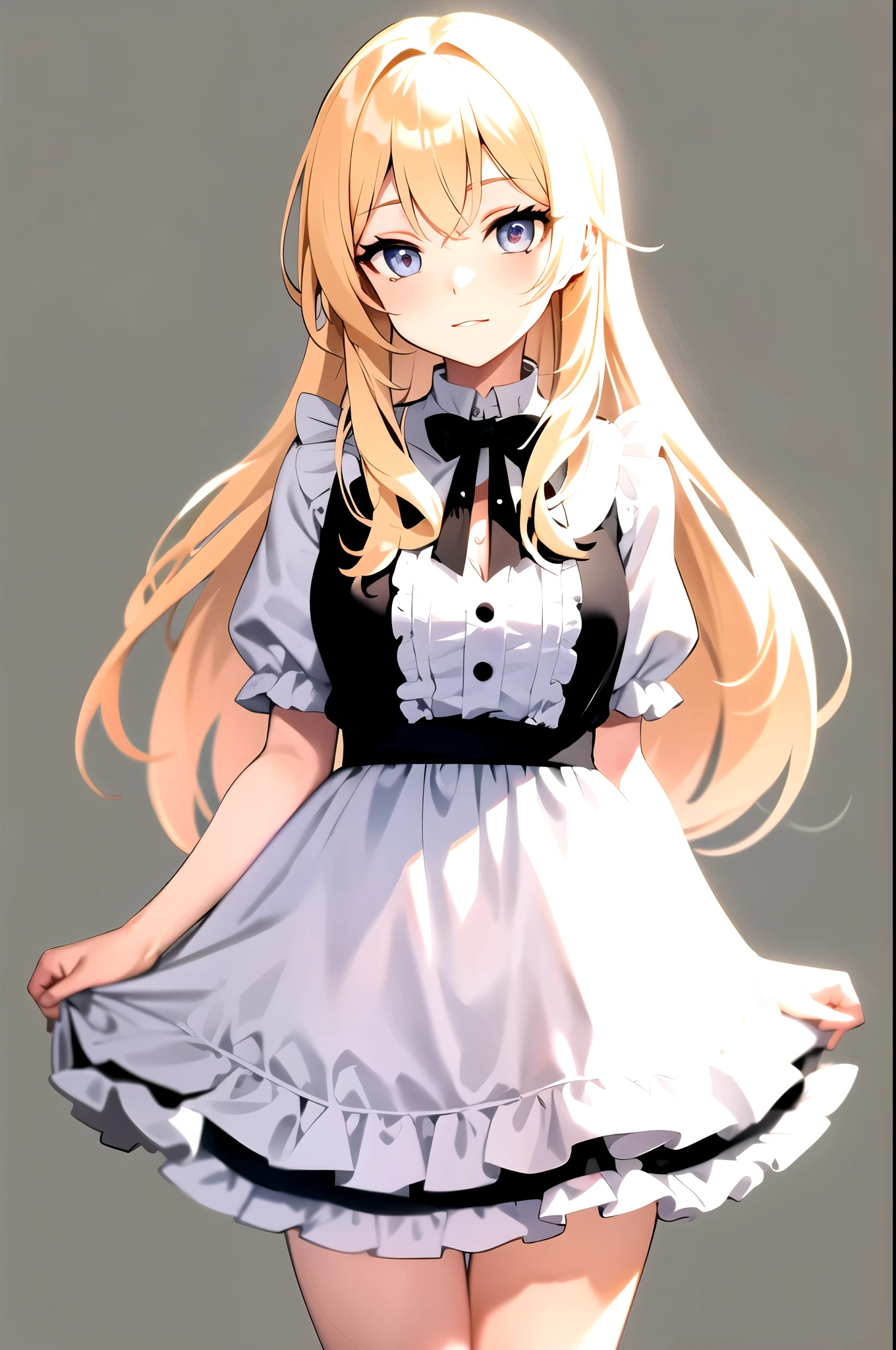 close your mouth, Cafe , blonde , long hair ,blue eyes , looking at the viewer, cowboy shot, Are standing, 1 girl, upright , Black and white clothes, frills , No pose , (simple background) , take no pose