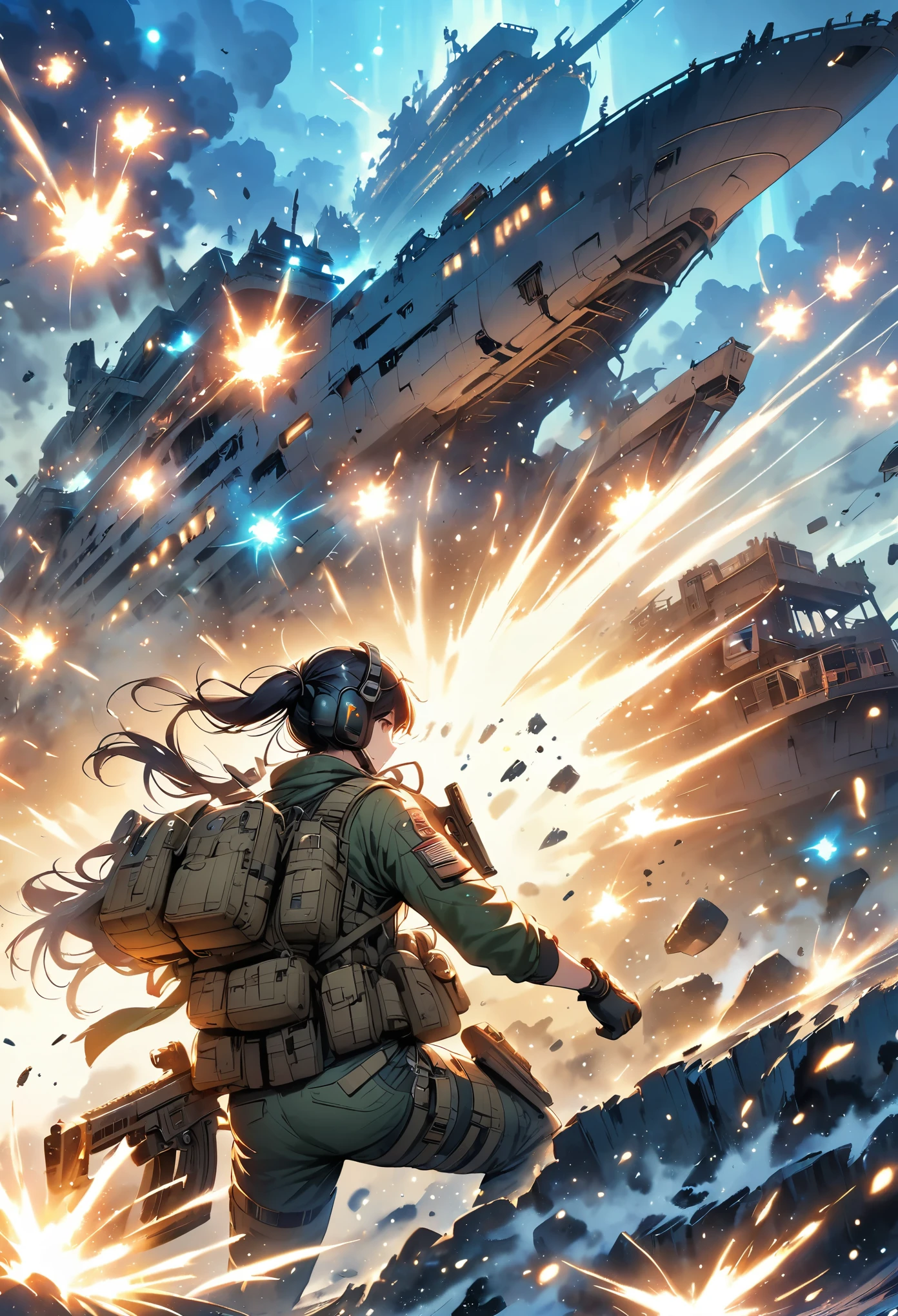 Cinematic battle space scene of humans amid gunfire, explode, Giant ships, Destruction and volumetric lighting. Very detailed.)
